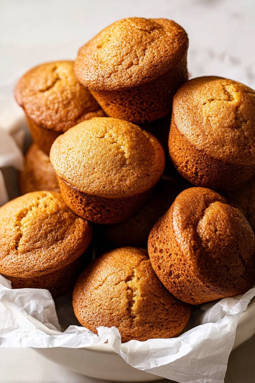 A white bowl lined with crinkled white parchment paper holds a pile of golden brown muffins with rounded, cracked tops and slightly darker sides, visibly soft and moist in texture. The muffins are stacked irregularly, some standing upright while others rest on their sides, showing the porous crumb of their layers. The scene is set on a white marbled surface with soft natural light casting gentle shadows that highlight the muffin tops’ fine cracks and rich warm color. Photo taken with an iphone --ar 2:3 --v 7 - Fluffy Pumpkin Muffins with Warm Spices, pumpkin muffin recipe, autumn pumpkin muffins, cozy fall muffins, soft pumpkin spice muffins