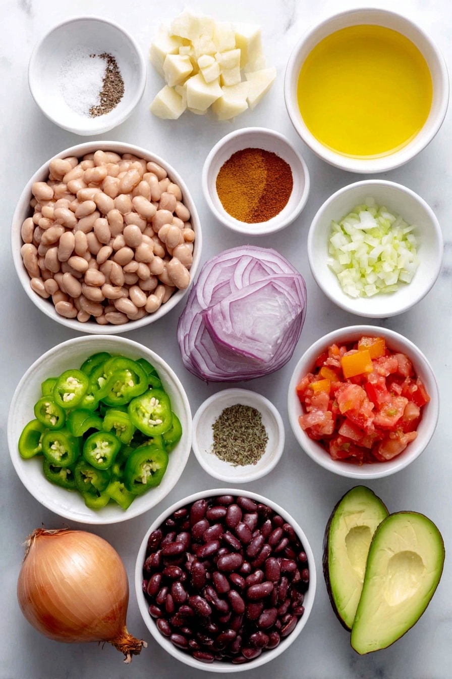 Flat lay of a small white ceramic bowl of golden olive oil, half a large yellow onion roughly chopped, one green bell pepper diced, one red bell pepper diced, one small bright green jalapeño minced, three garlic cloves whole and unpeeled, a small white bowl of coarse salt, a small white bowl of freshly ground black pepper, a small white bowl of warm brown ground cinnamon, a small white bowl of light brown ground cumin, a small white bowl of deep red chili powder, a small white bowl of pale beige onion powder, a small white bowl of rich vegetable broth, a simple white ceramic bowl filled with bright red petite diced tomatoes, a small white ceramic bowl with rinsed light brown pinto beans, a small white ceramic bowl holding dark red kidney beans, a small white ceramic bowl of smooth orange pumpkin puree, a fresh large sweet potato peeled and diced into cubes, a small white ceramic bowl with shiny black beans, a small pile of freshly chopped bright green cilantro leaves, finely chopped vivid purple-red onion, and sliced ripe green avocado arranged with perfect symmetry, placed on a clean white marble surface, soft natural light, photo taken with an iPhone, professional food photography style, fresh ingredients, white ceramic bowls, no bottles, no duplicates, no utensils, no packaging --ar 2:3 --v 7 --p awthu7i m7354615311229779997 - Vegetarian Pumpkin Chili, Best Pumpkin Chili, Easy Vegetarian Chili, Hearty Pumpkin Chili Recipe, Cozy Fall Chili