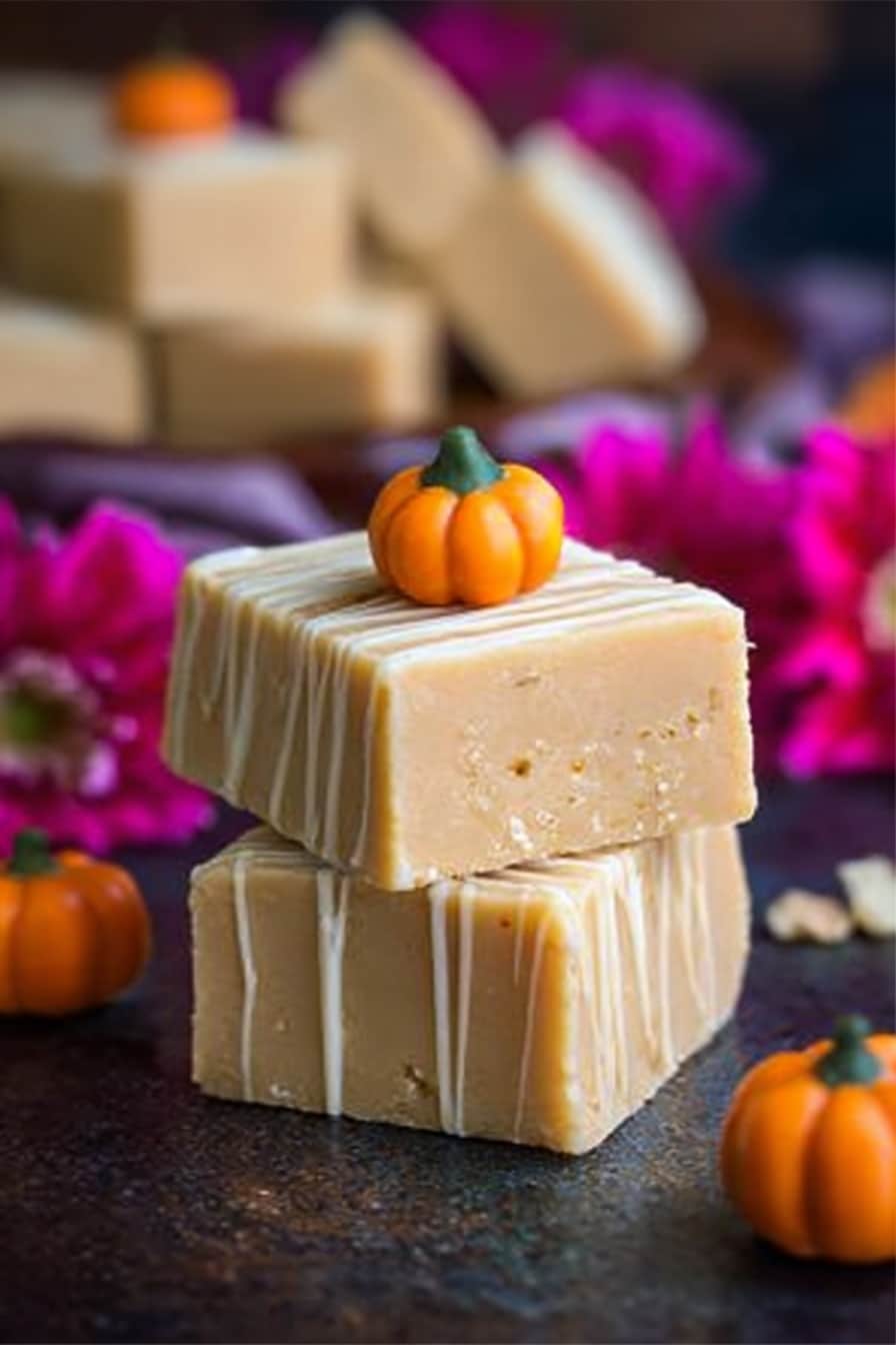 The image shows two square pieces of light beige fudge with a smooth texture and white drizzle lines creating a crisscross pattern on top. Each fudge piece is decorated with a tiny bright orange pumpkin made of icing and a small green stem. These fudge squares sit on a white plate that rests on a dark wooden surface. In the background, there are bright pink flowers and a small orange pumpkin that add warm, autumn colors to the scene, all set against a white marbled texture. photo taken with an iphone --ar 2:3 --v 7 - Pumpkin Fudge White Chocolate, Pumpkin Fudge Recipe, Fall Fudge Ideas, Easy Pumpkin Dessert, Holiday Fall Treats