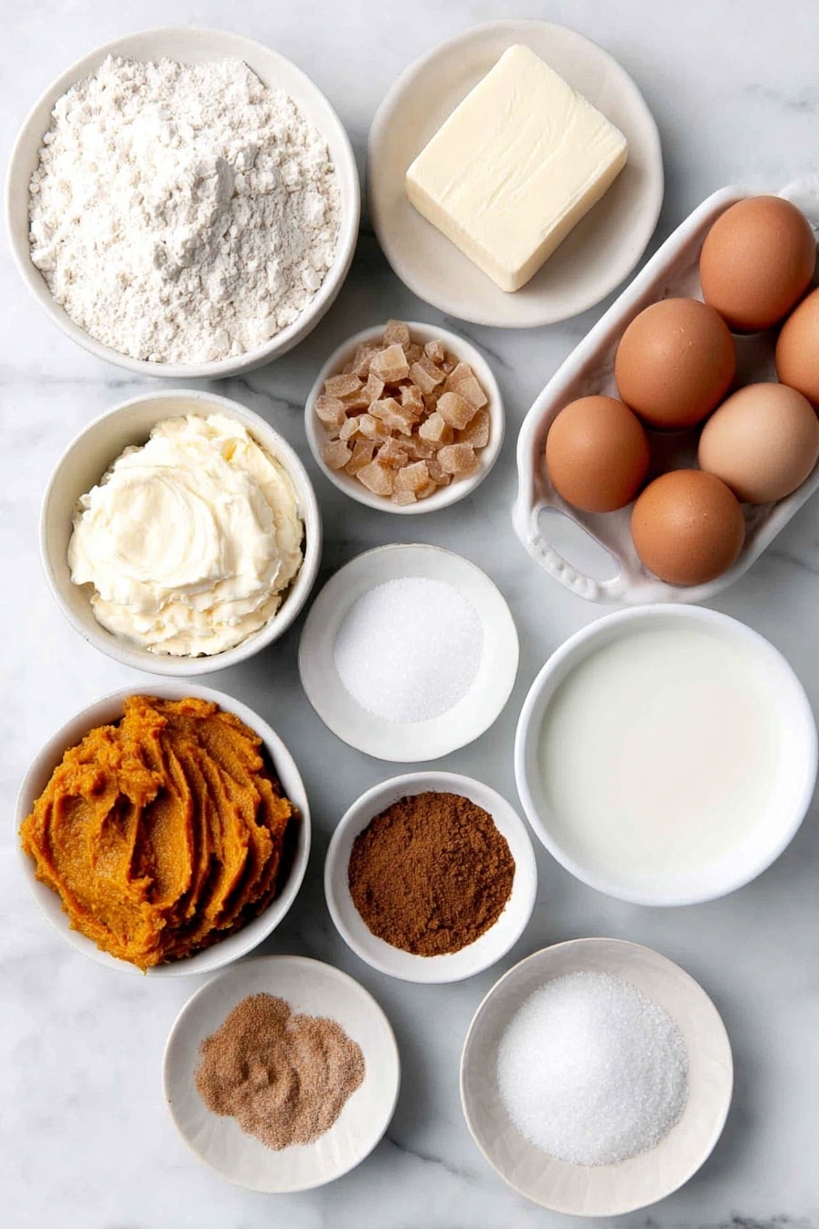 Flat lay of a small pat of smooth butter, a few tablespoons of fine white sugar in a small white ceramic bowl, three whole clean brown eggs with uncracked shells, a small mound of fine corn starch on a white ceramic plate, a dollop of bright orange pumpkin puree in a small white bowl, a small white bowl holding brown sugar crystals, a small white bowl filled with fresh whole milk, a scattering of warm brown cinnamon powder on a white ceramic dish, tiny piles of ground ginger, nutmeg, and a pinch of allspice each neatly arranged on small white plates, a tiny mound of fine salt on a white ceramic spoon rest dish, and a small white bowl of clear vanilla extract liquid, all arranged with perfect symmetry and balanced proportions, placed on a clean white marble surface, soft natural light, photo taken with an iPhone, professional food photography style, fresh ingredients, white ceramic bowls, no bottles, no duplicates, no utensils, no packaging --ar 2:3 --v 7 --p awthu7i m7354615311229779997 - Pumpkin Souffle, pumpkin souffle recipe, easy pumpkin dessert, fall pumpkin souffle, fluffy pumpkin dessert