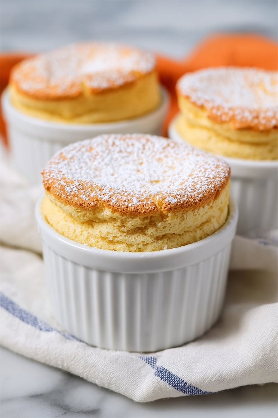 Three light golden soufflés rise above the top edges of white ramekins, each soufflé topped with a dusting of fine white powdered sugar. The soufflés have a soft, airy texture with a slightly browned crust on top. They are placed on a white marbled surface with a soft, blurred background that includes a hint of an orange object. The image shows a close-up, focusing on the front soufflé with the other two gently out of focus behind it. Photo taken with an iphone --ar 2:3 --v 7 - Pumpkin Souffle, pumpkin souffle recipe, easy pumpkin dessert, fall pumpkin souffle, fluffy pumpkin dessert