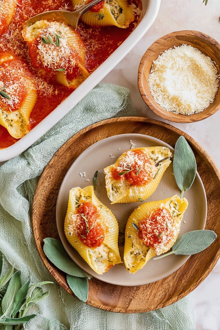 Three stuffed pasta shells sit on a round wooden plate, which is placed on a white plate. Each shell is filled with a yellow, creamy mixture and topped with a small spoonful of red tomato sauce, light sprinklings of grated cheese, and tiny green herb leaves. Fresh green sage leaves lie underneath the shells on the wooden plate. To the top left, a white baking dish contains the same shells covered in red tomato sauce with melted cheese on top. A small wooden bowl filled with white grated cheese is placed above the plates. The background features a light green cloth on a white marbled surface. photo taken with an iphone --ar 2:3 --v 7 - Pumpkin Ricotta Stuffed Shells, stuffed shell recipes, pumpkin pasta bake, comforting fall pasta dish, cheesy pumpkin stuffed shells