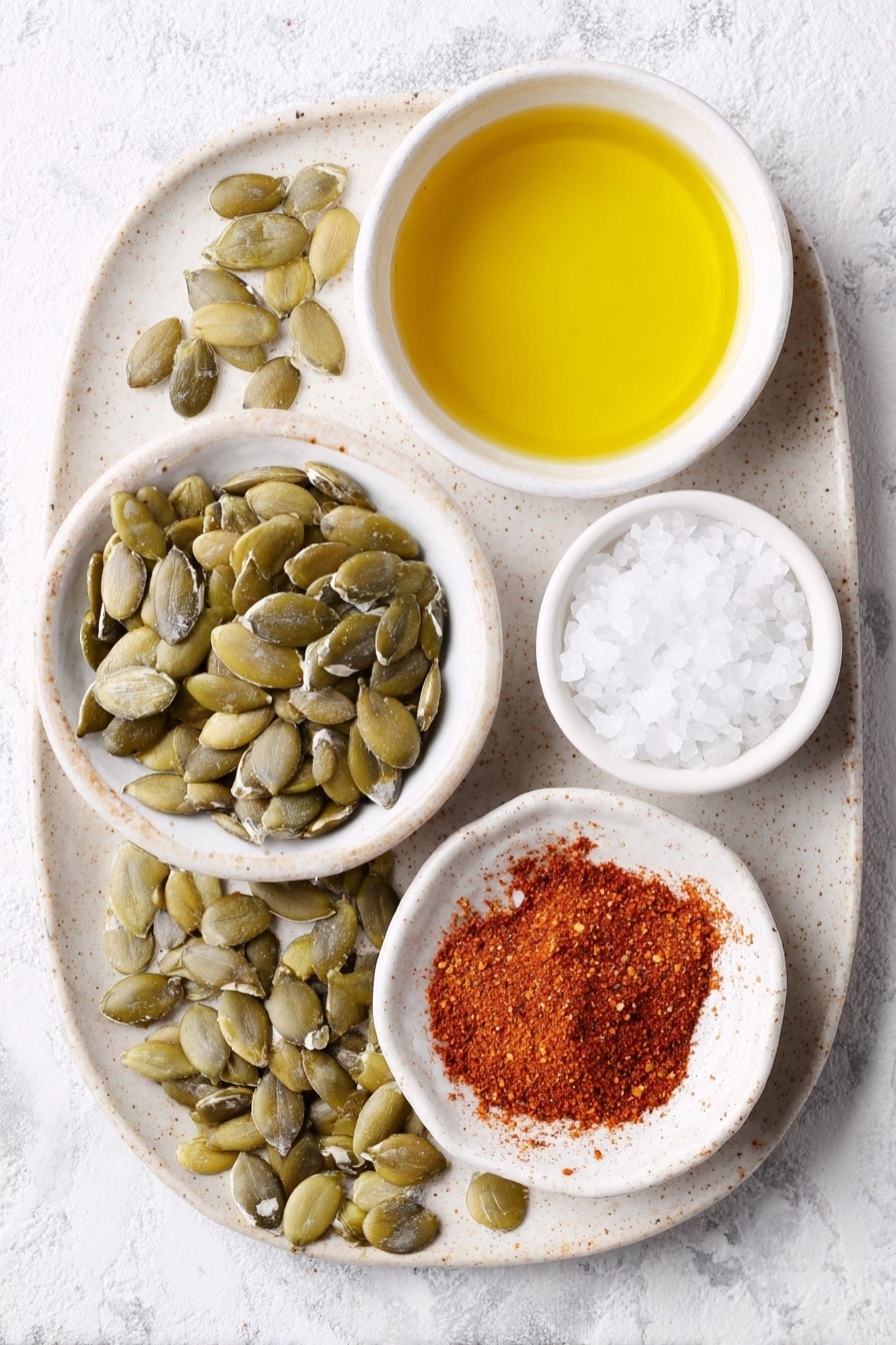 Flat lay of raw pumpkin seeds scattered beside a small white ceramic bowl of vibrant golden extra-virgin olive oil, a small white ceramic bowl filled with coarse sea salt crystals, and a small white ceramic bowl containing bright red chili powder, all arranged with perfect symmetry on a simple white ceramic plate holding a few fresh pumpkin seeds, placed on a clean white marble surface, soft natural light, photo taken with an iPhone, professional food photography style, fresh ingredients, white ceramic bowls, no bottles, no duplicates, no utensils, no packaging --ar 2:3 --v 7 --p awthu7i m7354615311229779997 - Spicy Roasted Pumpkin Seeds, spicy pumpkin seed snack, roasted pumpkin seeds recipe, spicy pumpkin seeds, healthy pumpkin seed snack