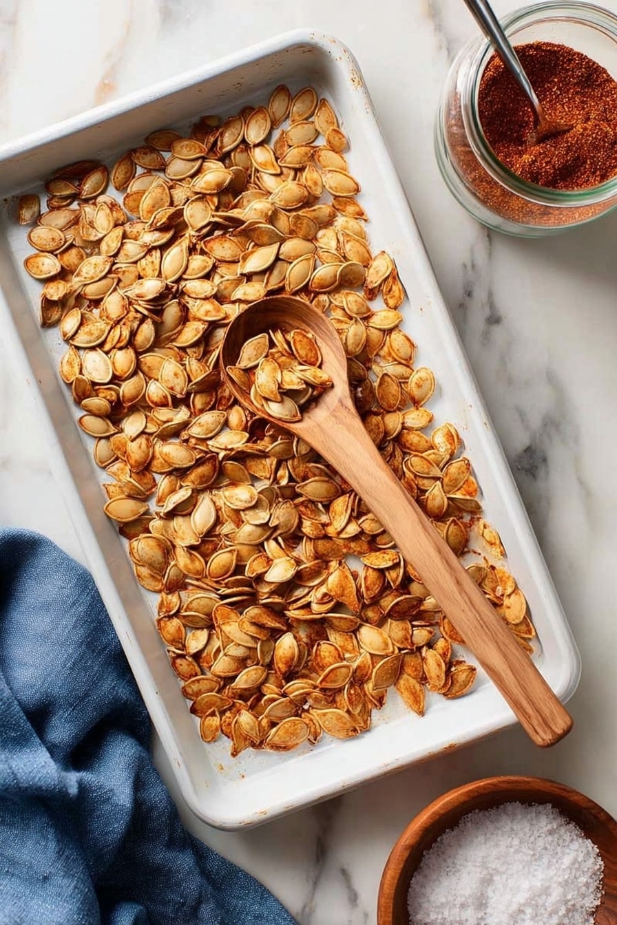 A metal baking sheet holds a single layer of golden brown roasted pumpkin seeds spread out evenly on white parchment paper. A wooden spoon filled with more roasted seeds rests near the right side of the sheet, its handle extending outwards. The baking sheet is placed on a white marbled surface with a blue cloth partially visible on the lower left corner and a round wooden bowl with salt in the lower right corner. The seeds show slight color variation from light to darker golden brown, giving a roasted texture. photo taken with an iphone --ar 2:3 --v 7 - Spicy Roasted Pumpkin Seeds, spicy pumpkin seed snack, roasted pumpkin seeds recipe, spicy pumpkin seeds, healthy pumpkin seed snack