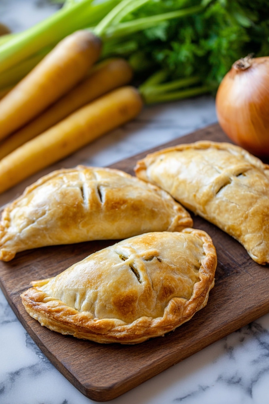 The image shows two golden brown empanadas on a wooden board with crimped edges and steam vents on top, one near the center and the other at the bottom right corner. Above the empanadas, there are several long, yellow carrots laid out diagonally from left to right. To the upper right of the carrots, there is a large onion with a textured skin. The background is a white marbled texture. photo taken with an iphone --ar 2:3 --v 7 - Handheld Chicken Pot Pie, portable chicken pot pie, flaky chicken pie, individual chicken pot pie, handheld savory pies