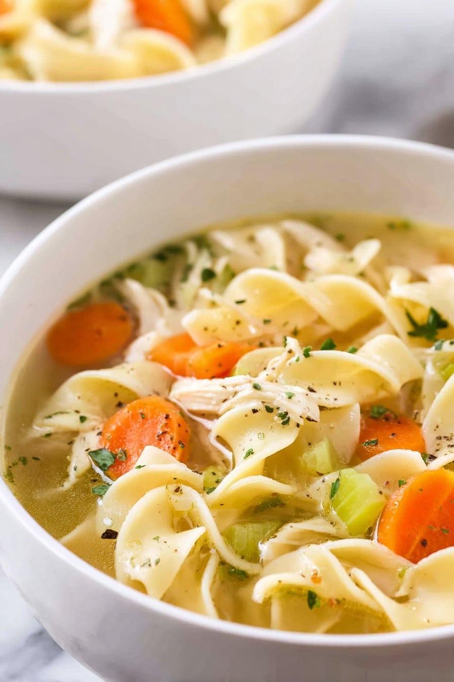 A close-up view of a white bowl filled with chicken noodle soup, showing three main layers: the broth layer is clear with a light golden color covering the whole bowl; the noodle layer has wide, pale yellow egg noodles swirled softly around the bowl's middle space; the vegetable layer has bright orange carrot slices and light green celery pieces scattered evenly on top and throughout; small bits of green herbs and black pepper are sprinkled across the surface, adding color and texture contrast; the background is a white marbled texture with a blurred second white bowl behind it. photo taken with an iphone --ar 2:3 --v 7 - Easy Crockpot Chicken Noodle Soup, slow cooker chicken noodle soup, comforting chicken soup recipes, easy chicken noodle dinner, hearty slow cooker soups
