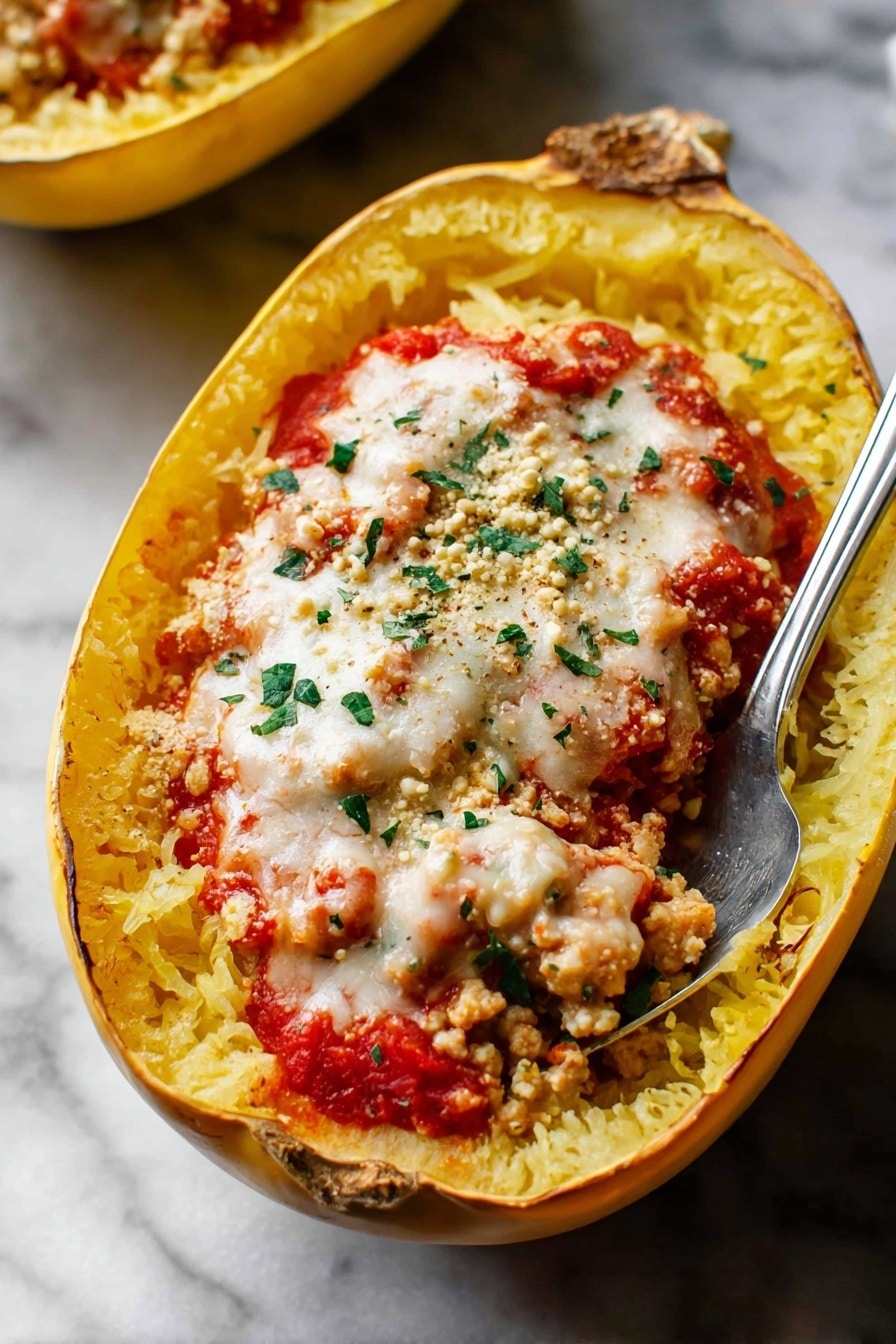 The dish shows a yellow spaghetti squash cut in half lengthwise, placed on a white marbled surface. The hollow center of the squash acts as a bowl, holding a bright red tomato sauce mixed with small crumbles of light beige tofu or ground protein. On top, there is a melted white cheese layer with melted texture, scattered with green parsley flakes and small crunchy-looking granules that add a textured contrast. A silver spoon is inserted into one half of the squash, ready to scoop. The edges of the squash show a slightly roasted look with a soft yellow flesh inside. photo taken with an iphone --ar 2:3 --v 7 - Spaghetti Squash Lasagna, healthy lasagna with spaghetti squash, veggie-packed lasagna, easy spaghetti squash dinner, low-carb lasagna idea