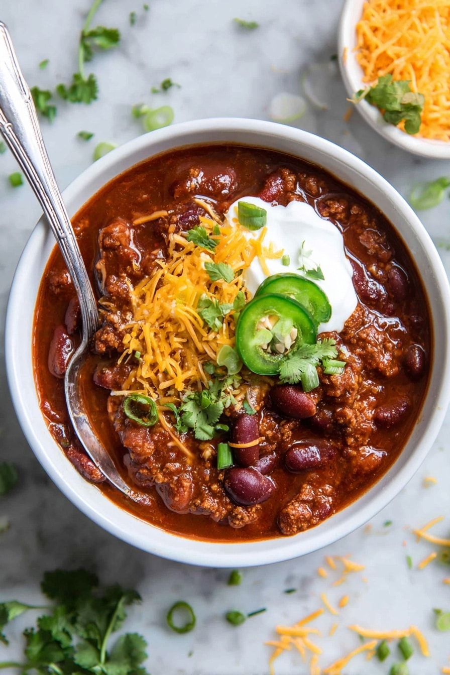 The image shows a white bowl filled with thick chili made of dark red beans and brown meat in a deep red sauce. On top, there is a layer of bright orange shredded cheese, a dollop of white sour cream, and green chopped spring onions with a slice of green jalapeño pepper and fresh cilantro leaves. A silver spoon is placed inside the bowl. The bowl sits on a white marbled surface with some scattered shredded cheese and green herb sprigs nearby. Photo taken with an iphone --ar 2:3 --v 7 - Hearty Turkey Chili, turkey chili recipe, healthy turkey chili, easy turkey chili, comforting chili with beans