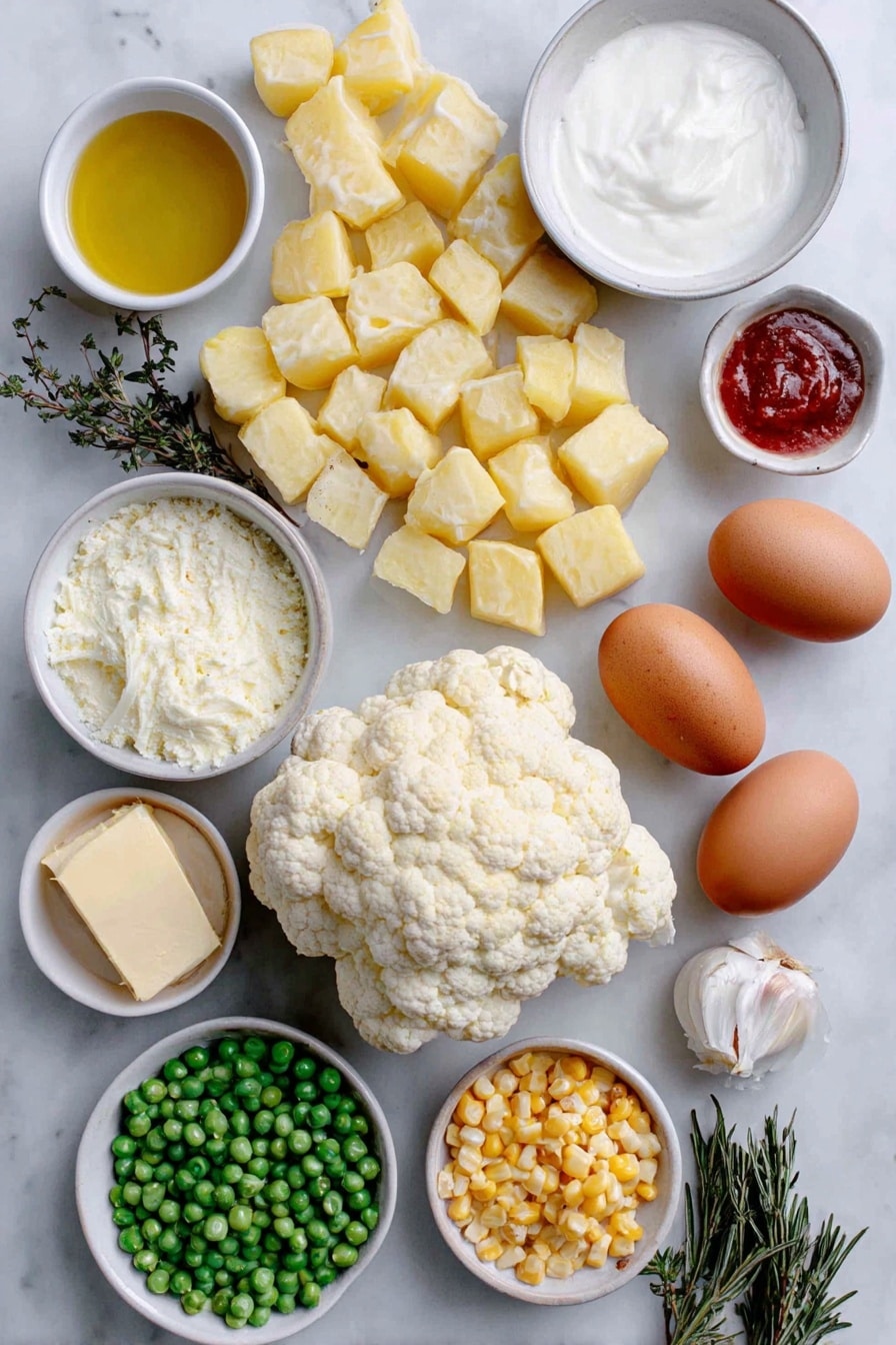 Flat lay of peeled Yukon gold potatoes cut into 2-inch cubes, a large head of cauliflower broken into florets, whole uncracked brown eggs with clean shells, a small white bowl of plain Greek yogurt, a small white bowl of milk, a small white bowl of lower sodium chicken broth, a few pats of butter, a small white bowl of olive oil, fresh chopped onion, two peeled and diced carrots, two diced celery ribs, three cloves of fresh garlic, a small white bowl of flour, a small white bowl of tomato paste, a small white bowl of Worcestershire sauce, fresh sprigs of thyme and rosemary chopped, a small pile of frozen corn kernels, a small pile of frozen peas placed on a clean white marble surface, soft natural light, photo taken with an iPhone, professional food photography style, fresh ingredients, white ceramic bowls, no bottles, no duplicates, no utensils, no packaging --ar 2:3 --v 7 --p awthu7i m7354615311229779997 - Healthy Turkey Shepherd's Pie, healthy shepherd's pie with turkey, nutritious turkey meat pie, low-fat turkey shepherd's pie, healthy comfort food recipes