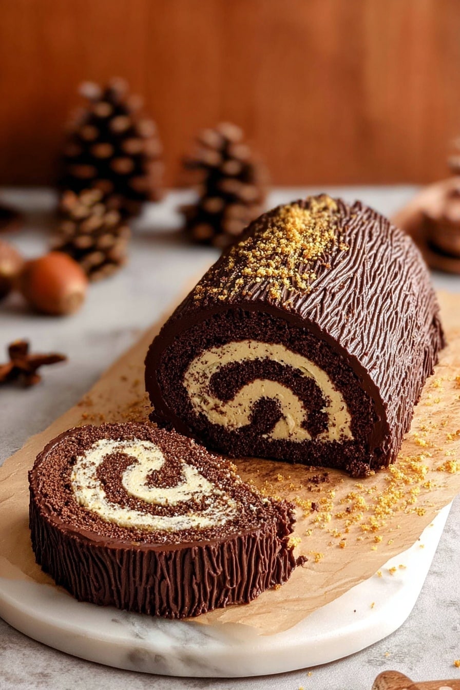 A chocolate roll cake with one large piece and one smaller round slice placed in front. The outer layer is covered in dark chocolate frosting with a textured wavy pattern that looks like tree bark. Inside, there are spiral layers of light cream and dark chocolate sponge cake, creating a swirl effect. The cake sits on a piece of parchment paper on a white marbled surface, sprinkled with crushed golden crumbs around it. In the background, there are pine cones and blurred warm brown tones adding a cozy feel. Photo taken with an iphone --ar 2:3 --v 7 - Chocolate Yule Log Cake, festive chocolate dessert, holiday yule log, Christmas chocolate cake, moist chocolate sponge