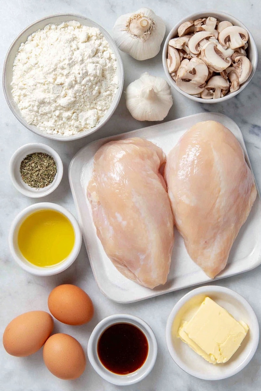 Flat lay of two raw chicken breasts with smooth pale pink skin, a small white ceramic bowl of white all-purpose flour, a few whole uncracked brown eggs, a small white ceramic bowl filled with golden olive oil, a small pat of creamy yellow butter on a white ceramic dish, a small white ceramic bowl holding sliced light brown cremini mushrooms, half a medium yellow onion chopped finely on a simple white plate, a small white ceramic bowl of grainy yellow Dijon mustard, a small white ceramic bowl containing dark brown Worcestershire sauce, three peeled garlic cloves scattered whole, a small white ceramic bowl with clear golden chicken broth, a small white ceramic bowl of thick white sour cream, a small pile of coarse salt crystals and a few whole black peppercorns placed neatly next to the ingredients, arranged with perfect symmetry and realistic proportions, placed on a clean white marble surface, soft natural light, photo taken with an iPhone, professional food photography style, fresh ingredients, white ceramic bowls, no bottles, no duplicates, no utensils, no packaging --ar 2:3 --v 7 --p awthu7i m7354615311229779997 - Creamy Chicken Stroganoff, Chicken Stroganoff recipe, easy Chicken Stroganoff, mushroom Chicken Stroganoff, quick comfort food