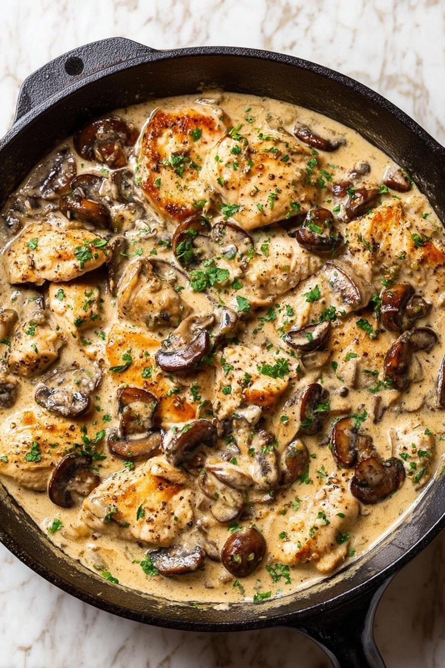 A close-up view of a black cast iron skillet filled with creamy chicken and mushroom dish in a light beige sauce. The top layer shows golden-brown browned pieces of chicken mixed evenly with dark brown sliced mushrooms, all coated in the creamy sauce and sprinkled with small green parsley bits and ground black pepper. The skillet sits on a white marbled surface. photo taken with an iphone --ar 2:3 --v 7 - Creamy Chicken Stroganoff, Chicken Stroganoff recipe, easy Chicken Stroganoff, mushroom Chicken Stroganoff, quick comfort food