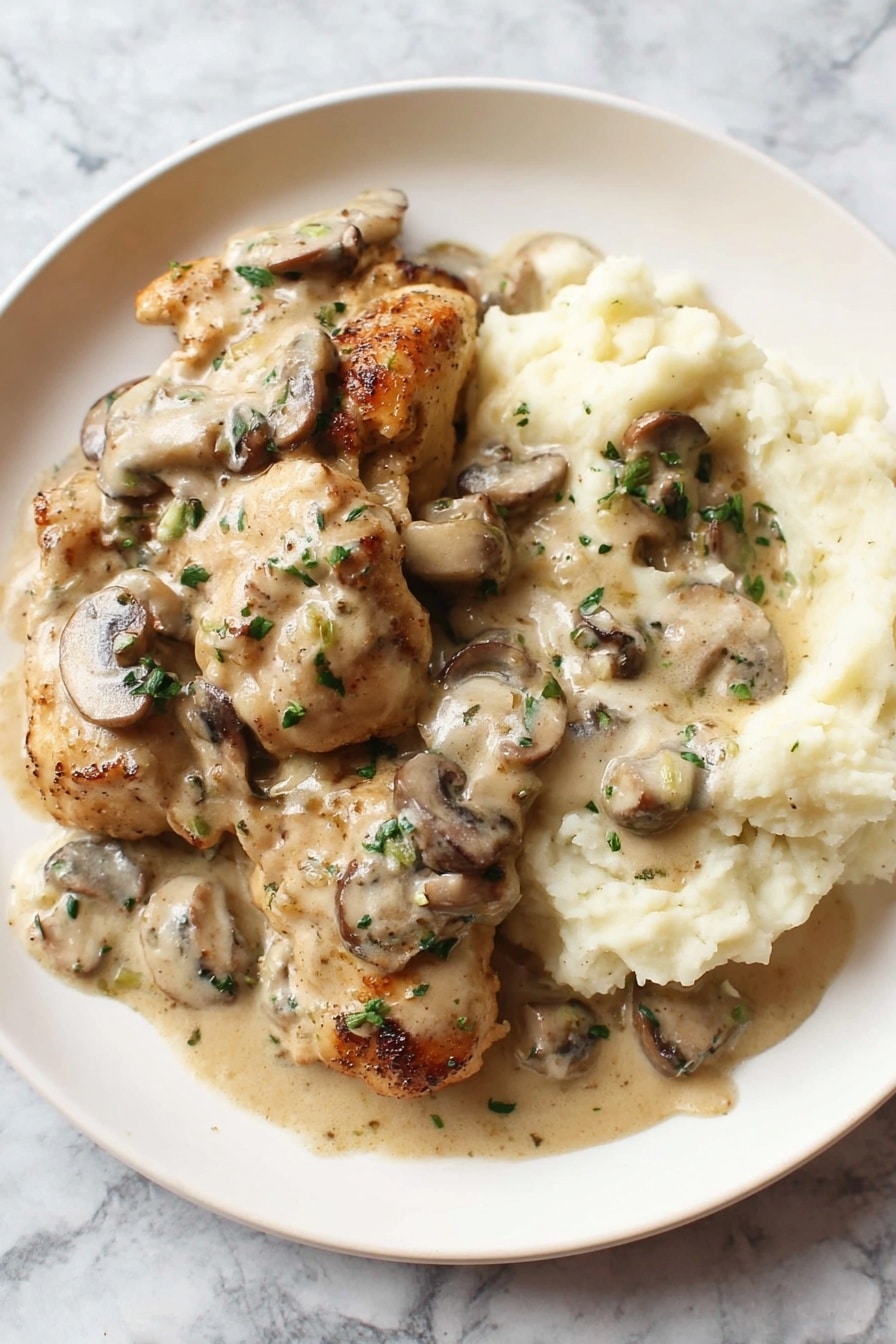 On a white plate, there is a serving of mashed potatoes that looks soft and creamy, positioned on the right side. The mashed potatoes are topped with a light brown creamy mushroom sauce with sliced mushrooms scattered on top, adding darker brown and beige tones. On the left side of the plate, there are several pieces of browned chicken, also covered in the same creamy mushroom sauce. The dish is sprinkled with small bits of green herbs for color contrast. The background has a white marbled texture. Photo taken with an iphone --ar 2:3 --v 7 - Creamy Chicken Stroganoff, Chicken Stroganoff recipe, easy Chicken Stroganoff, mushroom Chicken Stroganoff, quick comfort food
