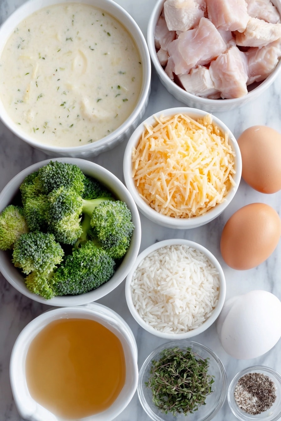 Flat lay of a small white ceramic bowl of creamy chicken soup, a small white ceramic bowl of golden chicken broth, a small white ceramic bowl of uncooked long grain white rice, a few pieces of raw diced boneless skinless chicken breast, a small white ceramic bowl of fresh baby broccoli florets, a small white ceramic bowl of grated sharp cheddar cheese, two whole uncracked brown eggs, small white ceramic bowls containing kosher salt and ground black pepper, a small white ceramic bowl with mixed fresh herbs including parsley, thyme, basil, oregano, and chives, placed on a clean white marble surface, soft natural light, photo taken with an iPhone, professional food photography style, fresh ingredients, white ceramic bowls, no bottles, no duplicates, no utensils, no packaging --ar 2:3 --v 7 --p awthu7i m7354615311229779997 - Cheesy Chicken Broccoli Rice Casserole, easy chicken broccoli casserole, creamy rice bake, quick weeknight dinner, cheesy baked chicken and rice