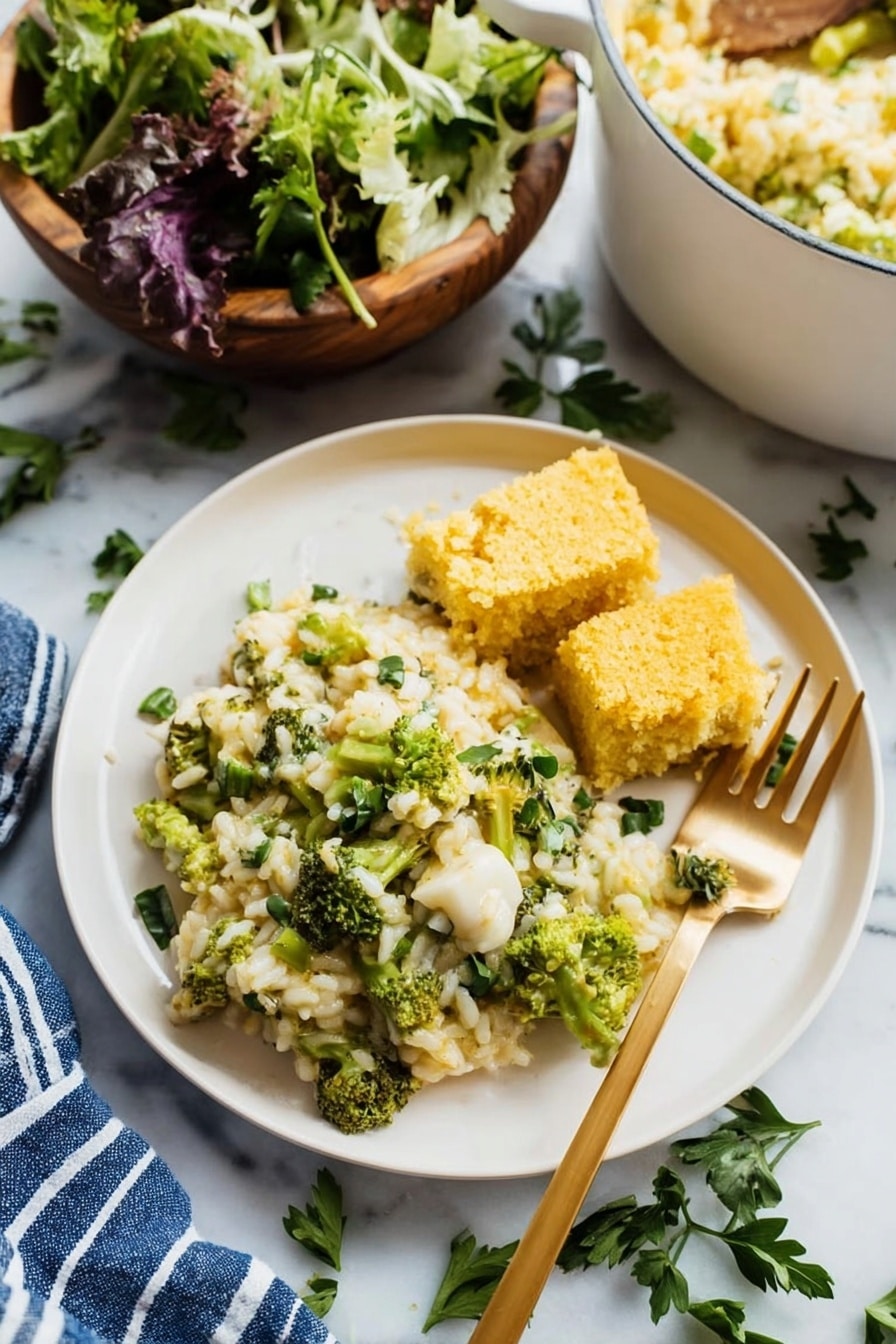 A white plate holds a creamy risotto mixed with bright green broccoli pieces and small white cheese chunks, topped with green herbs. On the side of the plate, there are two thick yellow cornbread squares with a soft texture. A gold fork rests on the right side of the plate, partially inside the rice. In the background, there is a wooden bowl with fresh green and purple salad leaves and a white pot filled with more risotto, all set on a white marbled surface with scattered parsley leaves. A striped blue and white cloth is at the bottom left corner of the image. Photo taken with an iphone --ar 2:3 --v 7 - Cheesy Chicken Broccoli Rice Casserole, easy chicken broccoli casserole, creamy rice bake, quick weeknight dinner, cheesy baked chicken and rice