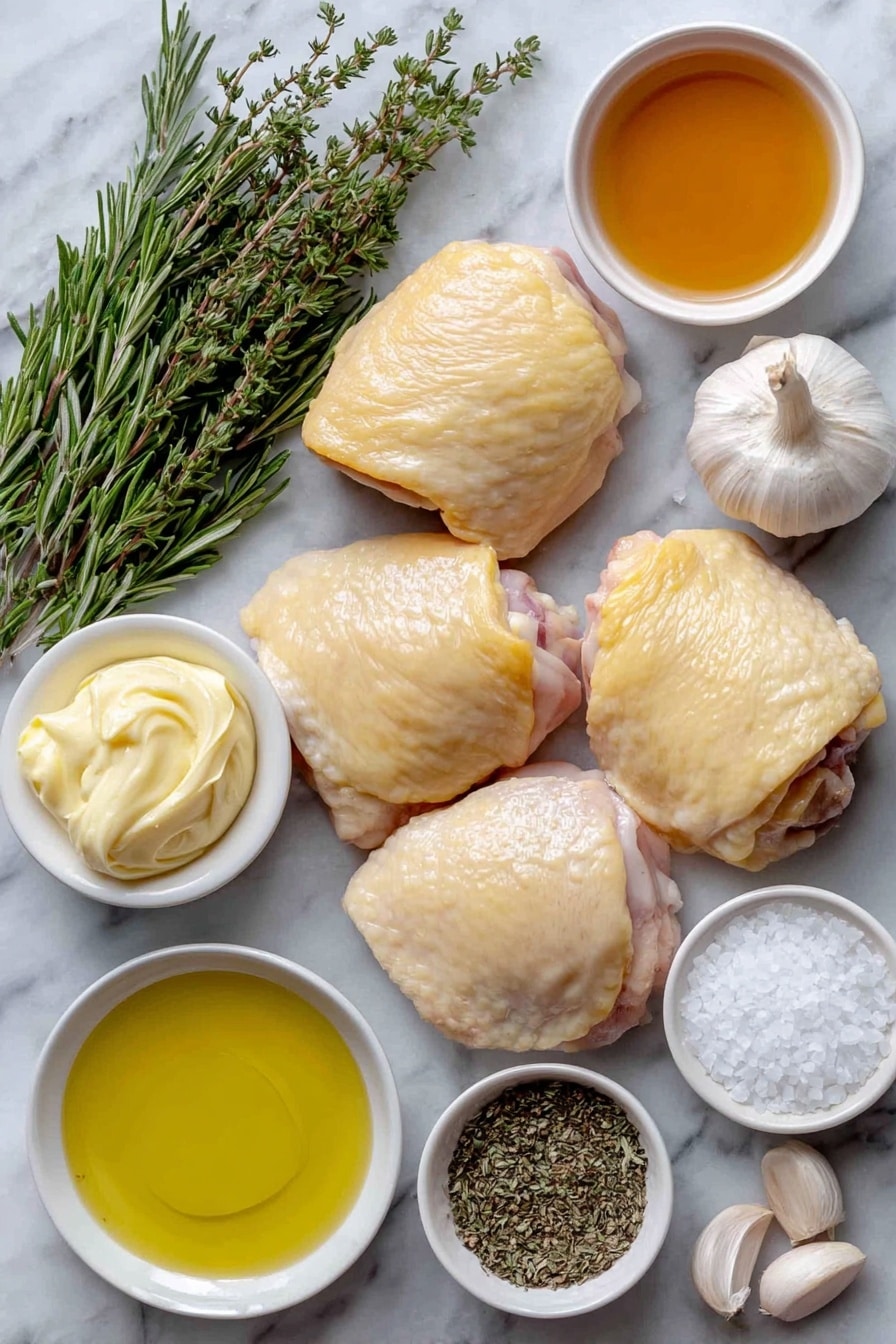 Flat lay of bone-in chicken thighs with smooth golden skin, a small white bowl of glossy amber honey, a small white bowl of creamy pale yellow Dijon mustard, two whole uncracked garlic bulbs with papery white skin, a small white bowl of clear golden extra-virgin olive oil, a few sprigs of fresh rosemary with dark green needle-like leaves, a few sprigs of fresh thyme with tiny green leaves, a small white bowl of coarse kosher salt crystals, a small white bowl of freshly ground black pepper, all arranged symmetrically on a clean white marble surface, soft natural light, photo taken with an iPhone, professional food photography style, fresh ingredients, white ceramic bowls, no bottles, no duplicates, no utensils, no packaging --ar 2:3 --v 7 --p awthu7i m7354615311229779997 - Honey Mustard Chicken Thighs, easy baked chicken thighs, juicy chicken recipes, weeknight chicken dinner, flavorful chicken thigh recipes