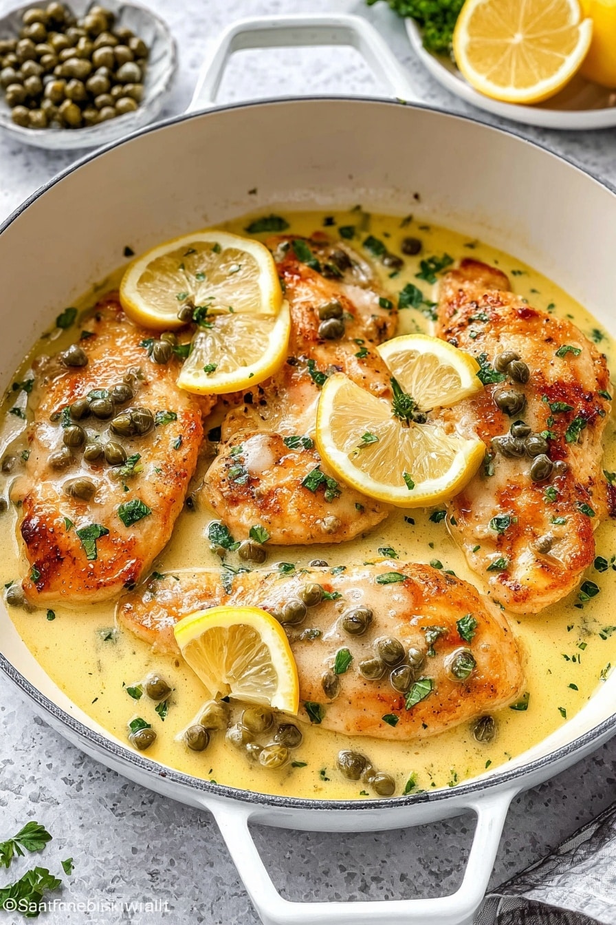 The image shows a white pan with three pieces of golden-brown cooked chicken layered at the bottom. The chicken is covered with a creamy yellow sauce that has small green capers scattered on top. There are small green parsley bits sprinkled over the sauce and chicken, and thin half-moon slices of bright yellow lemon placed on the chicken pieces. The pan handle is visible on the top and bottom sides. In the background, there is a white plate with capers and some green herbs on a white marbled surface. Photo taken with an iphone --ar 2:3 --v 7 - Easy Lemon Chicken Piccata, Lemon Chicken Piccata, Chicken Piccata with Lemon and Capers, Quick Lemon Chicken, Simple Chicken Piccata