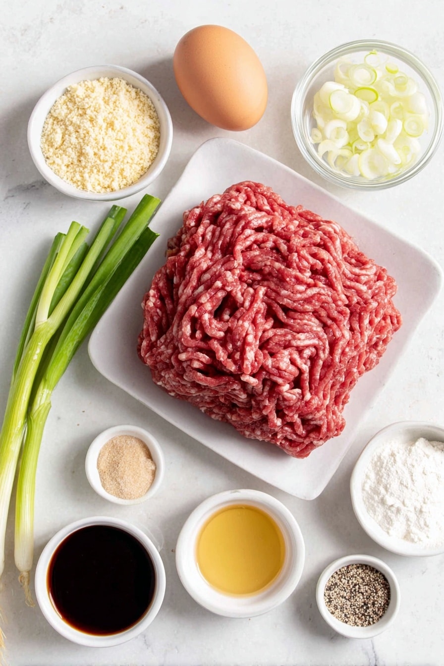 Flat lay of fresh ground beef formed into a loose mound, a small bowl of fine golden breadcrumbs, a small white bowl filled with finely chopped white onion, a few vibrant green onion stalks sliced into rounds, one whole brown egg with a smooth shell, a small white bowl containing dark soy sauce, a small white bowl of light golden brown sugar crystals, a small white bowl holding pale beige garlic powder, a small pile of coarse white salt crystals, a small heap of ground black pepper, a scattering of natural white and black sesame seeds, a small white bowl filled with clear rice vinegar, a small white bowl with liquid golden honey, a small white bowl of minced fresh garlic cloves, a small white bowl of fine white cornstarch powder, a small white bowl of clear water, all items perfectly arranged in balanced symmetry on a clean white marble surface, soft natural light, photo taken with an iPhone, professional food photography style, fresh ingredients, white ceramic bowls, no bottles, no duplicates, no utensils, no packaging --ar 2:3 --v 7 --p awthu7i m7354615311229779997 - Sticky Honey Garlic Meatballs, Honey Garlic Meatballs, Easy Meatball Recipes, Delicious Dinner Ideas, Simple Meatball Dinner
