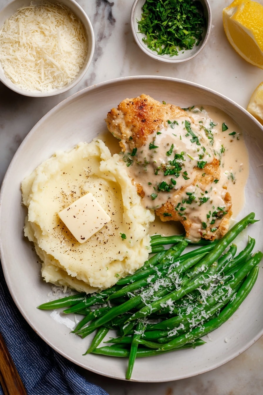 A white plate holds a meal with three sections. On the left is a golden-brown piece of cooked chicken topped with a creamy light beige sauce sprinkled with chopped green herbs. Below the chicken is a mousse-like creamy mashed potato with a square pat of melting butter on top, lightly dusted with black pepper and a few green herb bits. On the right side, a bunch of fresh bright green beans are neatly placed, sprinkled with some white grated cheese. The plate sits on a white marbled surface with a small white bowl of grated cheese in the upper left and a small white bowl of chopped green herbs in the top right, along with a lemon wedge on the bottom right corner. Photo taken with an iphone --ar 2:3 --v 7 - Garlic Parmesan Chicken Skillet, Easy garlic Parmesan chicken, Creamy chicken skillet dinner, One-pan chicken with Parmesan, Quick weeknight chicken recipe