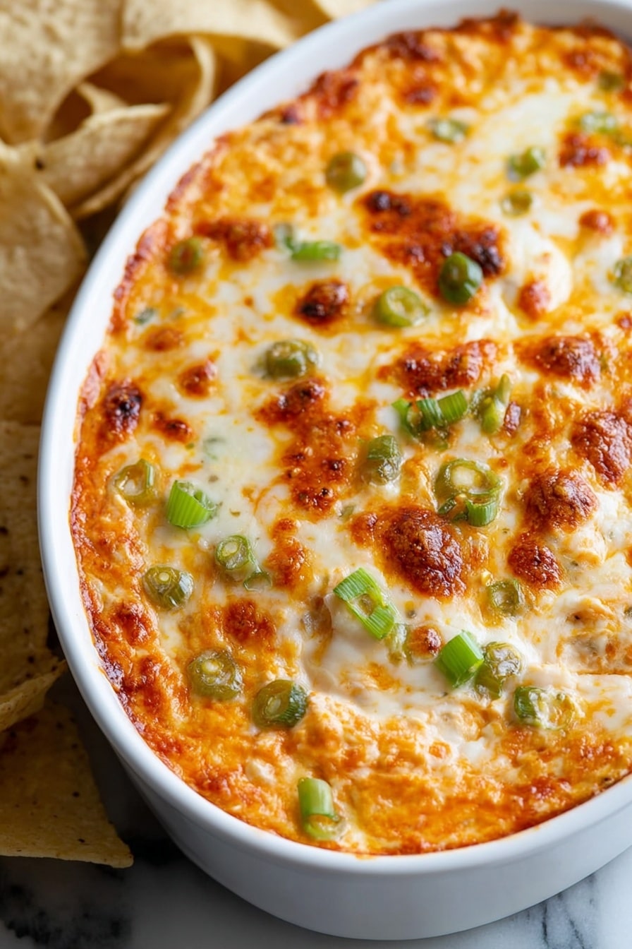 The image shows a close-up of a white oval dish filled with a baked cheesy dip. The top layer is golden brown melted cheese with small browned spots and melted orange cheese mixed in. Scattered on the surface are pieces of green onion adding a fresh green color contrast. The dish is placed on a white marbled surface, and in the background, there are some light and dark tortilla chips slightly out of focus. The melted cheese has a bubbly, slightly crispy texture on top photo taken with an iphone --ar 2:3 --v 7 - Buffalo Chicken Dip, spicy chicken dip, easy party appetizers, creamy buffalo dip, game day appetizer