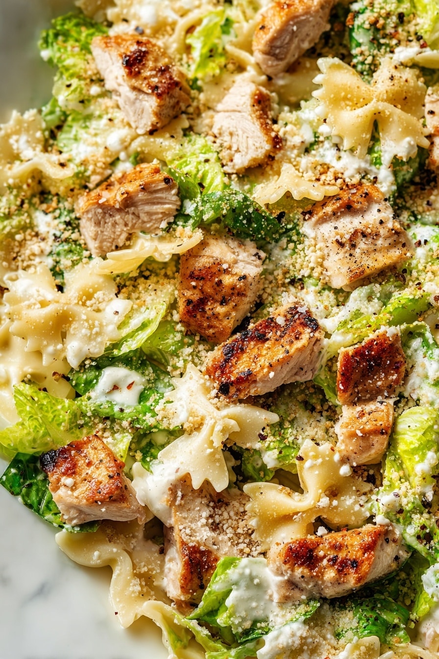 The dish shows a close-up of a mixed salad with several layers: tender grilled chicken pieces with a light brown, slightly charred outside spread evenly, bright green leafy lettuce pieces layered beneath and around the chicken, and farfalle pasta shapes in pale yellow nestled throughout. The salad is topped with grated pale cheese and small crunchy breadcrumbs giving a slightly rough texture, along with a creamy white sauce drizzled in bits over the ingredients and specks of black pepper sprinkled on top. The whole scene rests on a white marbled surface. photo taken with an iphone --ar 2:3 --v 7 - Creamy Chicken Caesar Pasta Salad, chicken Caesar pasta salad, easy pasta salad recipes, summer pasta salad, crowd-pleasing pasta salad