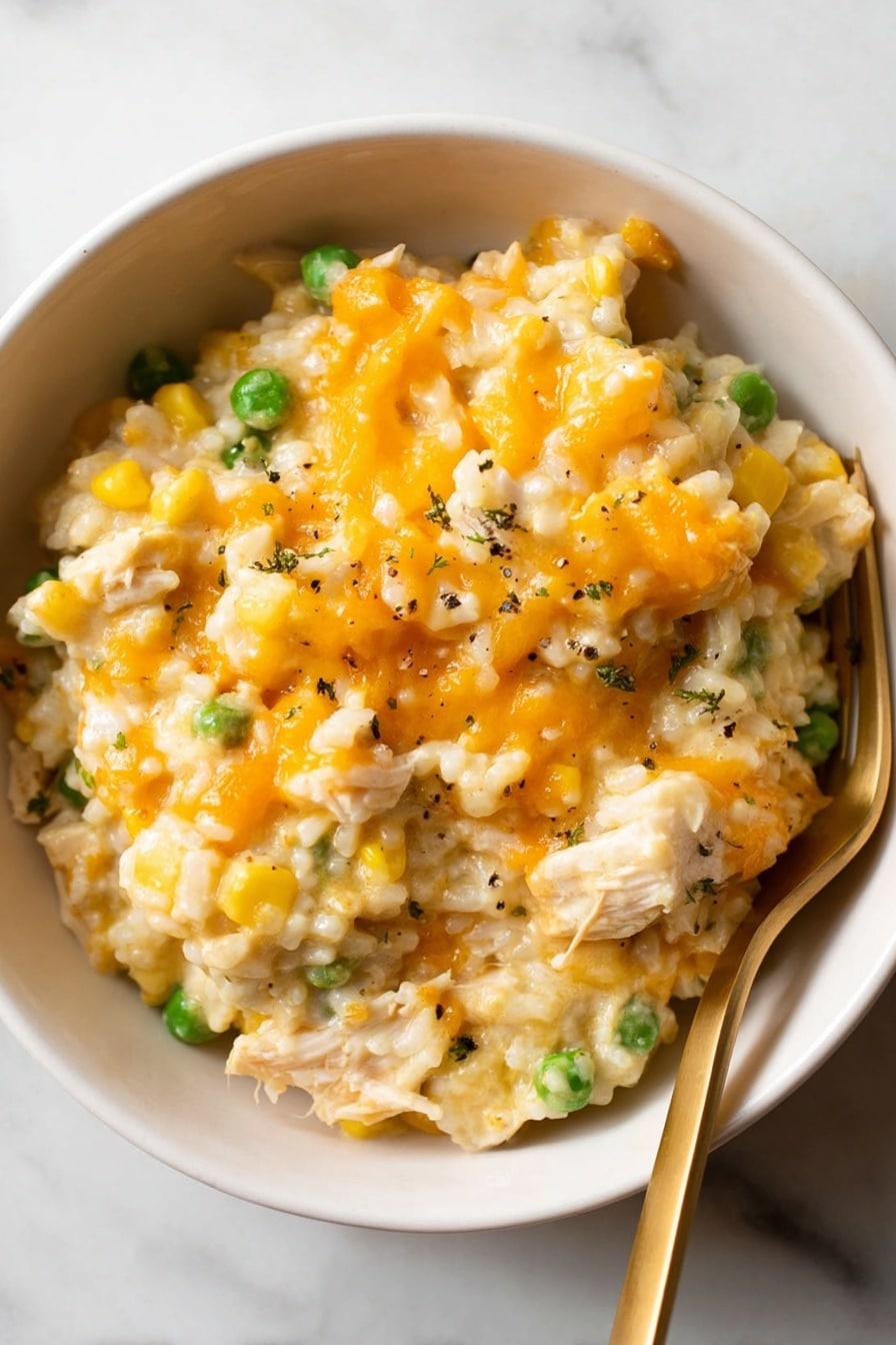 A close-up image of a bowl filled with creamy cheesy rice mixed with green peas, yellow corn, and small pieces of shredded chicken. The dish has a soft texture with melted orange cheese spread unevenly over the top and throughout the mix. Some black pepper is sprinkled lightly on the surface. There is a golden fork resting on the right side inside the bowl. The bowl is white and sits on a white marbled surface. Photo taken with an iphone --ar 2:3 --v 7 - Cheesy Chicken and Rice Casserole, chicken and rice casserole, cheesy chicken bake, easy comfort food casserole, homemade chicken casserole