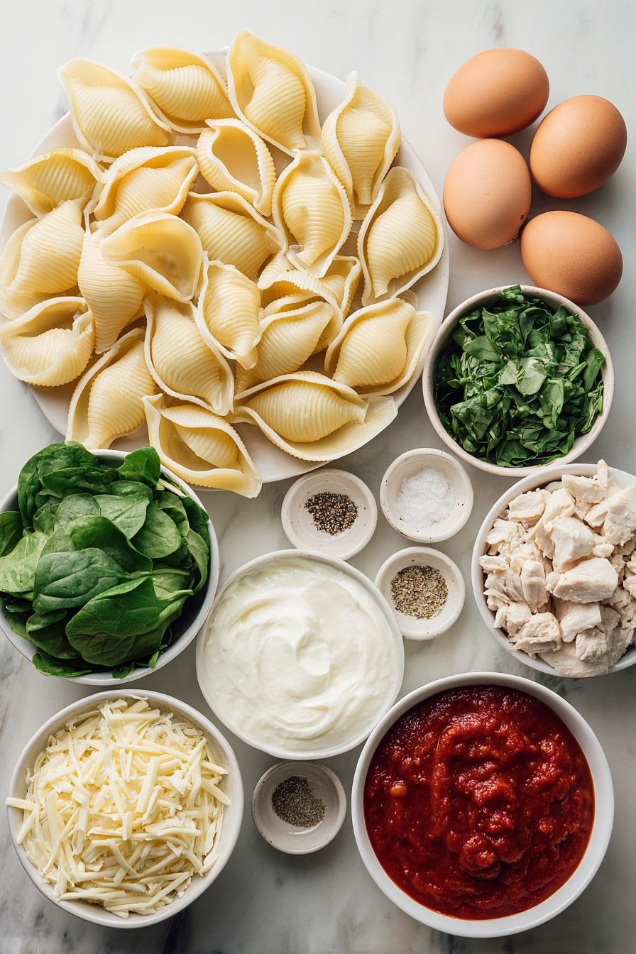 Flat lay of fresh jumbo pasta shells arranged neatly, a small pile of shredded mozzarella cheese, a small mound of shredded parmesan, a small white ceramic bowl filled with bright red pasta sauce, a small white ceramic bowl of creamy plain nonfat Greek yogurt, a small heap of chopped fresh spinach leaves, a small pile of chopped rotisserie chicken pieces, a small heap of chopped artichoke hearts, a few whole uncracked brown eggs, and small white ceramic bowls containing salt, garlic powder, dried parsley, and black pepper placed symmetrically, all placed on a clean white marble surface, soft natural light, photo taken with an iPhone, professional food photography style, fresh ingredients, white ceramic bowls, no bottles, no duplicates, no utensils, no packaging --ar 2:3 --v 7 --p m7354615311229779997 - Chicken Spinach Artichoke Stuffed Shells, stuffed pasta recipes, cheesy chicken pasta, spinach artichoke dinner, easy baked stuffed shells