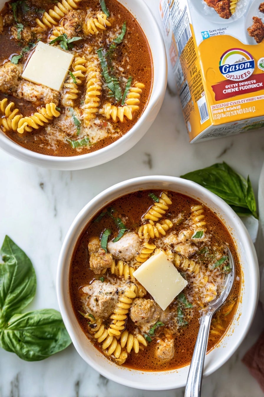 The image shows two white bowls filled with a rich soup on a white marbled surface. Each bowl has three main layers: the bottom layer is a reddish-brown broth, slightly thick with visible seasoning. The middle layer has yellow spiral pasta mixed with chunks of cooked light brown meat and small pieces of green basil leaves scattered on top. The top layer features a square piece of melted cheese with a light golden-brown crust. A silver spoon is placed inside the front bowl, resting on the edge. Nearby, there is a partially visible carton of chicken broth and two fresh basil leaves on the surface. photo taken with an iphone --ar 2:3 --v 7 - Chicken Parmesan Soup without recipe, Chicken Parmesan Soup, cheesy chicken soup, hearty Italian soup, mozzarella croutons recipe