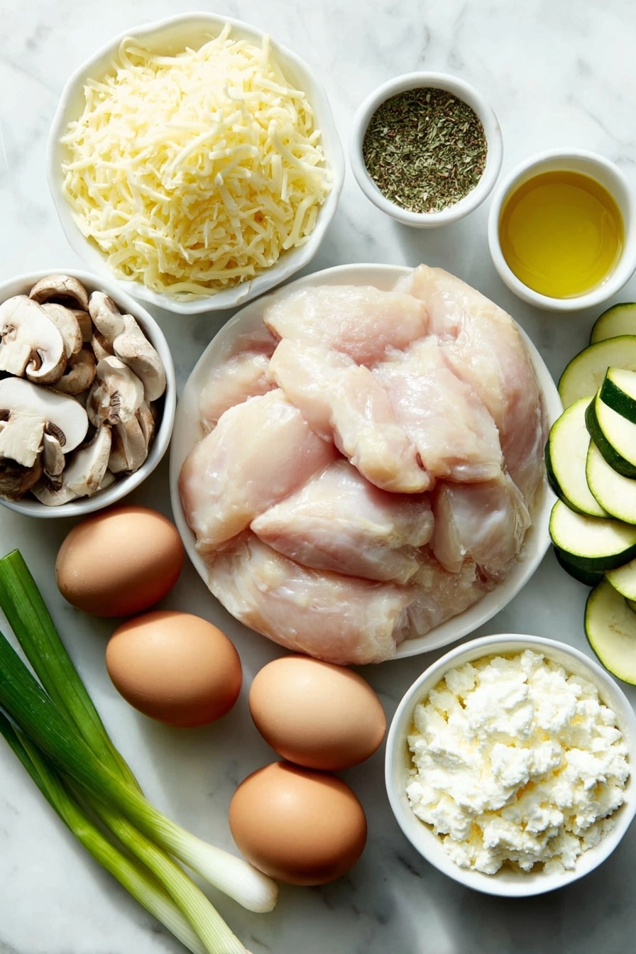 Flat lay of cubed raw chicken breasts seasoned with salt, thickly sliced fresh mushrooms, two medium zucchini sliced into half-moons, a small mound of shredded mozzarella cheese, a small white bowl of drained cottage cheese, four whole scallions with green tops, two whole uncracked brown eggs, a small white bowl containing olive oil, a small pile of grated parmesan cheese, and a small white bowl holding an Italian herb blend, arranged symmetrically on a simple white ceramic surface, placed on a clean white marble surface, soft natural light, photo taken with an iPhone, professional food photography style, fresh ingredients, white ceramic bowls, no bottles, no duplicates, no utensils, no packaging --ar 2:3 --v 7 --p m7354615311229779997 - Chicken Zucchini Bake, healthy chicken casserole, easy zucchini bake, protein-packed veggie bake, light comfort food