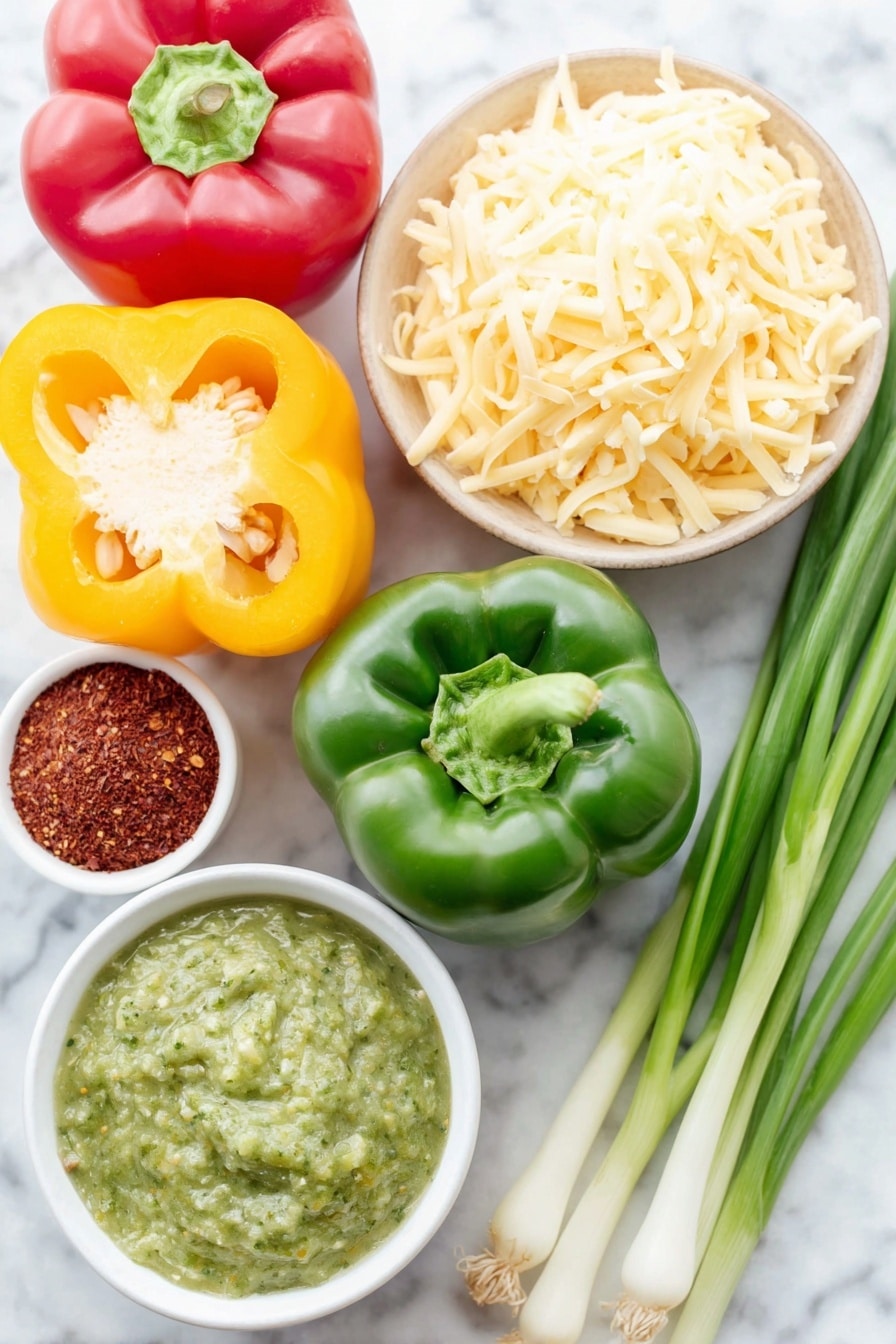 Flat lay of three halved red, yellow, and green bell peppers with seeds removed, a small pile of shredded cooked chicken breast, a small white ceramic bowl of bright green salsa verde, a block of smooth cream cheese, a small heap of finely grated sharp cheddar cheese, a small white ceramic bowl containing reddish paprika powder, a small white ceramic bowl with light beige onion powder, and two fresh green scallions with white bulbs, all arranged in perfect symmetry on a clean white marble surface, soft natural light, photo taken with an iPhone, professional food photography style, fresh ingredients, white ceramic bowls, no bottles, no duplicates, no utensils, no packaging --ar 2:3 --v 7 --p m7354615311229779997 - Creamy Chicken Stuffed Peppers, healthy stuffed peppers, chicken and cheese stuffed peppers, low carb stuffed peppers, easy stuffed peppers dinner