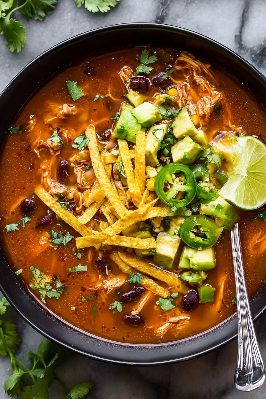The dish is a black bowl filled with a rich, reddish-orange soup base that has a thick texture with visible shredded chicken and black beans mixed throughout. On top, there are bright yellow crispy tortilla strips layered randomly, diced green avocado pieces, thin slices of light green jalapeño peppers, and fresh green cilantro leaves scattered evenly. A light green lime wedge sits on one edge of the bowl. A silver spoon rests inside the bowl on the right side. The bowl is placed on a white marbled surface with some cilantro sprigs nearby. Photo taken with an iphone --ar 2:3 --v 7 - Easy Chicken Tortilla Soup, chicken tortilla soup, hearty Mexican soup, quick chicken soup recipes, one-pot chicken soup
