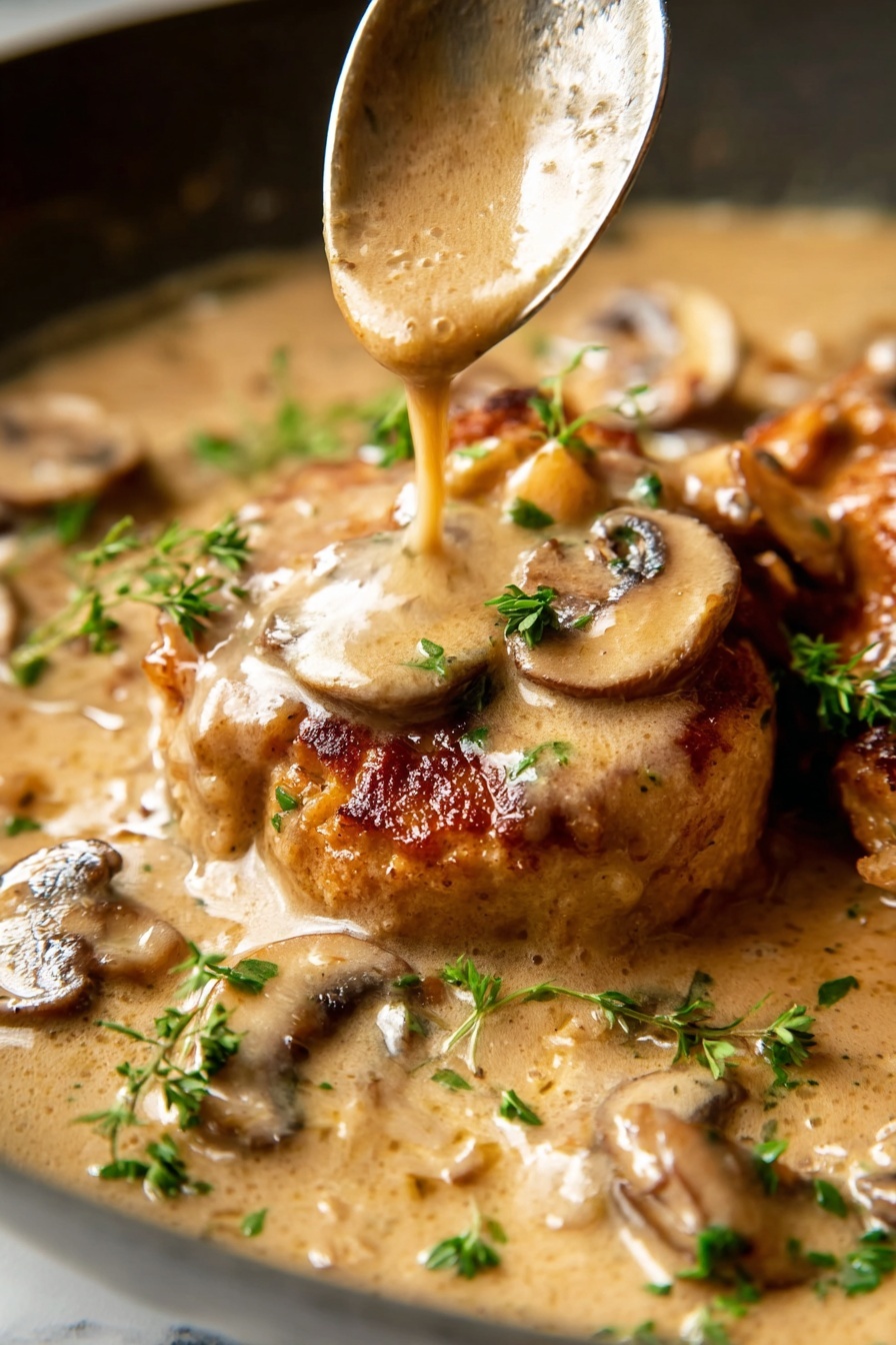 This image shows a close-up of four golden-brown fried chicken pieces in a creamy light brown sauce. The sauce has visible sautéed sliced onions and mushrooms, both light golden and brown in color. Small bits of fresh green parsley are sprinkled on top, adding a touch of bright green. The chicken pieces have a crispy texture with dark specks of seasoning. The dish is in a pan placed on a white marbled surface. photo taken with an iphone --ar 2:3 --v 7 - Easy Chicken Marsala with Mushrooms, Chicken Marsala recipe, quick chicken Marsala, gourmet chicken dinner, mushroom chicken skillet
