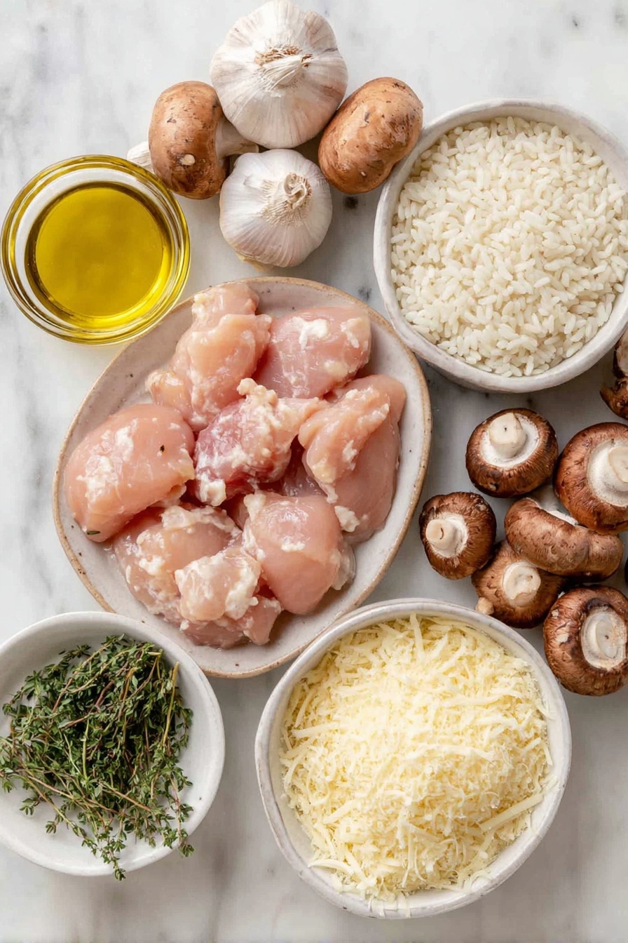 Flat lay of a small white ceramic bowl with golden olive oil, three fresh shallots with light purple and white skins, two plump skinless boneless chicken breasts cubed, a handful of fresh brown mushrooms including halved and whole ones, two whole cloves of garlic with smooth white skins, a small white ceramic bowl filled with pearly white Arborio rice, a small white ceramic bowl holding clear dry white wine, a small white ceramic bowl filled with fresh green thyme leaves, a small white ceramic bowl of finely grated pale yellow Parmesan cheese, and a small white ceramic bowl of coarse sea salt crystals, all arranged with perfect symmetry and realistic proportions, placed on a clean white marble surface, soft natural light, photo taken with an iPhone, professional food photography style, fresh ingredients, white ceramic bowls, no bottles, no duplicates, no utensils, no packaging --ar 2:3 --v 7 --p m7354615311229779997 - Chicken Mushroom Risotto with Thyme, creamy chicken mushroom risotto, easy mushroom risotto recipe, comforting weeknight risotto, thyme flavored risotto
