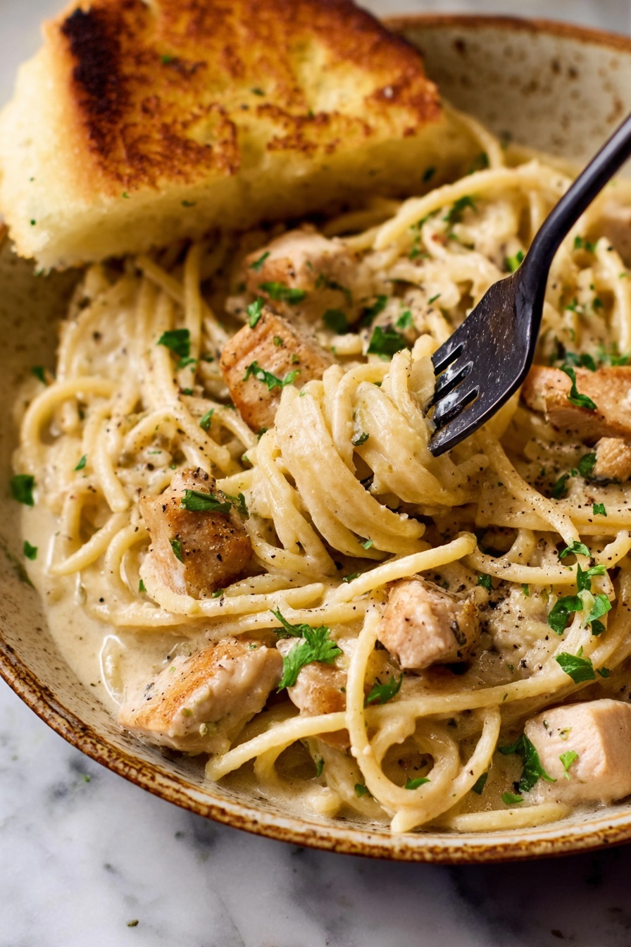 The image shows two bowls of creamy chicken pasta placed on a white marbled surface. Each bowl is filled with creamy white sauce-coated pasta strands intertwined with small pieces of light golden cooked chicken. The pasta is topped with a sprinkle of grated parmesan cheese and fresh green parsley leaves scattered over the dish. One bowl in the foreground features two golden brown toasted bread pieces resting against the edge. The bowls are beige with a speckled pattern and a spoon is visible inside the bowl closer to the camera. The overall look is warm and inviting, with soft textures and subtle color contrasts. Photo taken with an iphone --ar 2:3 --v 7 - Creamy Garlic Parmesan Chicken Pasta, easy creamy chicken pasta, garlic Parmesan pasta recipe, quick chicken pasta dinner, comforting creamy pasta dish