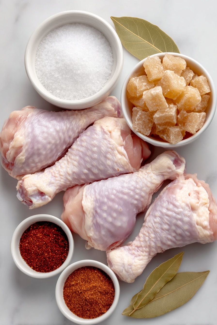 Flat lay of ten whole raw turkey legs with smooth clean skin, a fresh whole bay leaf, a small white ceramic bowl of coarse kosher salt, a small white bowl filled with golden brown sugar crystals, another small white bowl of light brown soft packed brown sugar, a small white bowl with bright red chili powder, a small white bowl with reddish paprika powder, a small white bowl containing a reddish-brown Montreal seasoning blend, and a small white bowl of pale onion salt, all arranged symmetrically and balanced on a clean white marble surface, soft natural light, photo taken with an iPhone, professional food photography style, fresh ingredients, white ceramic bowls, no bottles, no duplicates, no utensils, no packaging --ar 2:3 --v 7 --p m7354615311229779997 - Roasted Turkey Legs with Bold Spices, Spicy Turkey Legs, Juicy Roasted Turkey, Crispy Turkey Legs, Flavorful Turkey Leg Dinner
