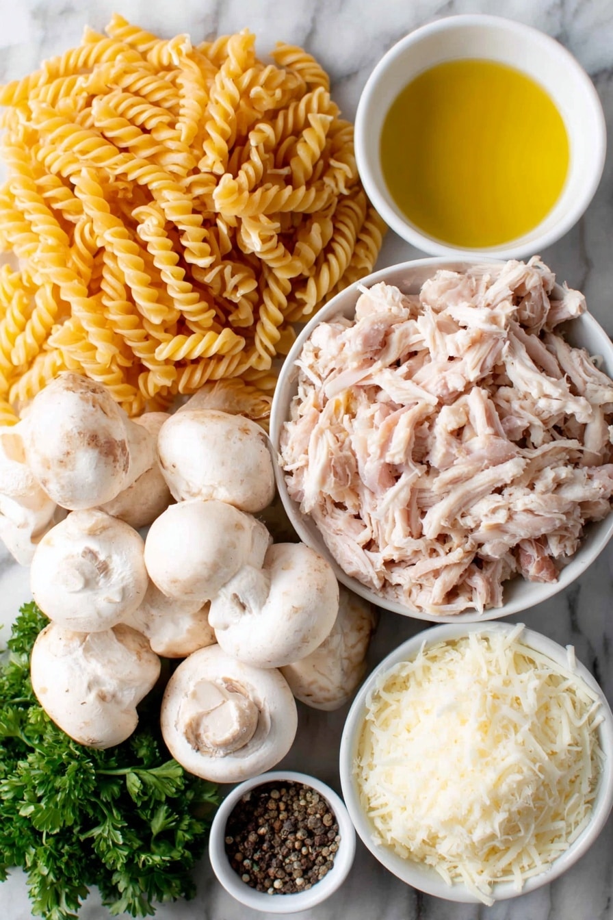 Flat lay of a small pile of uncooked fusilli pasta, a small white bowl of golden olive oil, a thinly sliced white onion arranged in a neat pile, fresh whole white mushrooms sliced, three whole uncracked garlic cloves, shredded pieces of cooked turkey meat, a small white bowl filled with thick heavy cream, a small white bowl of coarse sea salt, a small white bowl of cracked black peppercorns, a small bunch of fresh flat-leaf parsley sprigs, a small white bowl filled with grated parmesan cheese, all ingredients fresh and natural, arranged with perfect symmetry on a simple clean white marble surface, soft natural light, photo taken with an iPhone, professional food photography style, fresh ingredients, white ceramic bowls, no bottles, no duplicates, no utensils, no packaging --ar 2:3 --v 7 --p m7354615311229779997 - Creamy Turkey Pasta, easy Thanksgiving leftovers dinner, comforting pasta with turkey, quick turkey pasta recipe, rich creamy pasta dish