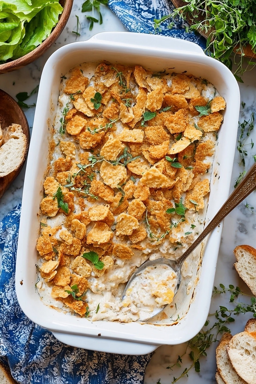 The image shows a white rectangular baking dish filled with a creamy, light beige casserole. The casserole has a thick layer of broken up golden-brown crackers scattered on top, with small green herb leaves sprinkled over them. The creamy base underneath looks smooth with some small pieces mixed in, likely vegetables or chicken, and a spoon rests inside the dish with a scoop taken out from one corner. The dish sits on a white marbled surface with a blue and white cloth underneath the left side. Surrounding the dish are fresh green lettuce leaves in a bowl on the top left, fresh herbs nearby, and torn white bread on the top right corner. photo taken with an iphone --ar 2:3 --v 7 - Leftover Turkey Rice Casserole, Thanksgiving leftovers recipe, easy turkey casserole, quick holiday dinner ideas, cozy comfort food