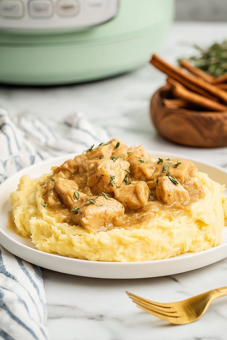 The dish shows two white plates on a white marbled surface, each filled with soft, yellow mashed potatoes forming the base layer, topped with a creamy, light tan chicken and gravy mixture with small pieces of chicken visible and small green herb sprigs scattered on top. A gold spoon rests on one plate, and around the plates are small wooden bowls containing different colored peppercorns and pink salt. A white slow cooker with the same chicken and gravy mix is partially visible in the upper right corner. The scene includes two gold forks on the left side of the image and a white cloth with blue stripes in the top left corner. photo taken with an iphone --ar 2:3 --v 7 - Slow Cooker Turkey with Creamy Gravy, easy turkey with gravy, fall comfort food recipes, moist turkey dinner ideas, slow cooker holiday main dish