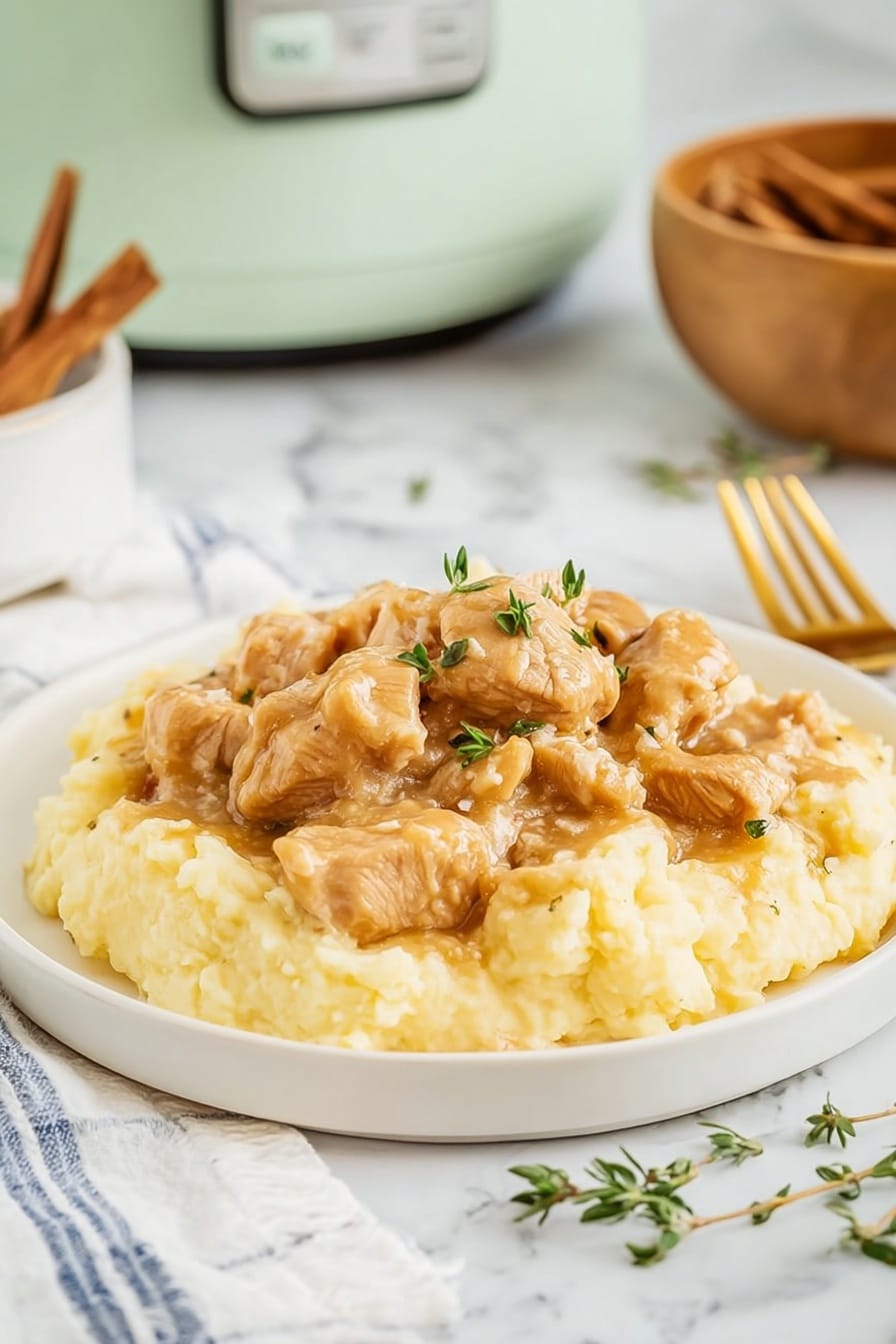 The dish is served on a white plate with two main layers: the bottom layer is a thick, creamy mashed potato with a smooth and slightly fluffy texture in pale yellow color, spread evenly across the plate; the top layer consists of chunky pieces of cooked chicken coated in a light brown, glossy gravy, scattered generously over the mashed potatoes. Small green herb leaves are sprinkled over the chicken for decoration. The scene includes a white marbled surface with a soft white and blue striped cloth on the left and a gold fork on the right. In the background, a pale green kitchen appliance and a wooden bowl with cinnamon sticks are visible, slightly blurred for depth. Photo taken with an iphone --ar 2:3 --v 7 - Slow Cooker Turkey with Creamy Gravy, easy turkey with gravy, fall comfort food recipes, moist turkey dinner ideas, slow cooker holiday main dish