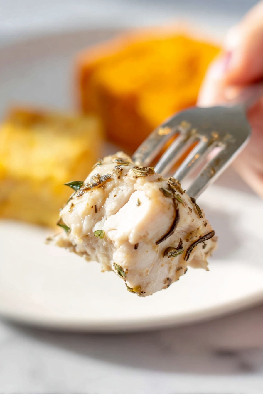 A close-up image shows a piece of white cooked chicken with small herbs on its surface, skewered by a fork with four metal prongs. In the blurred background, there is a white plate with a bright orange round sweet potato slice and a light yellow square polenta piece, all placed on a white marbled surface. A woman's hand is holding the fork, lifting the chicken piece towards the camera. The lighting is bright and natural, highlighting the textures and colors of the food. photo taken with an iphone --ar 2:3 --v 7 - Garlic Herb Turkey Tenderloin, turkey tenderloin recipe, easy turkey recipes, flavorful turkey dishes, healthy turkey dinner