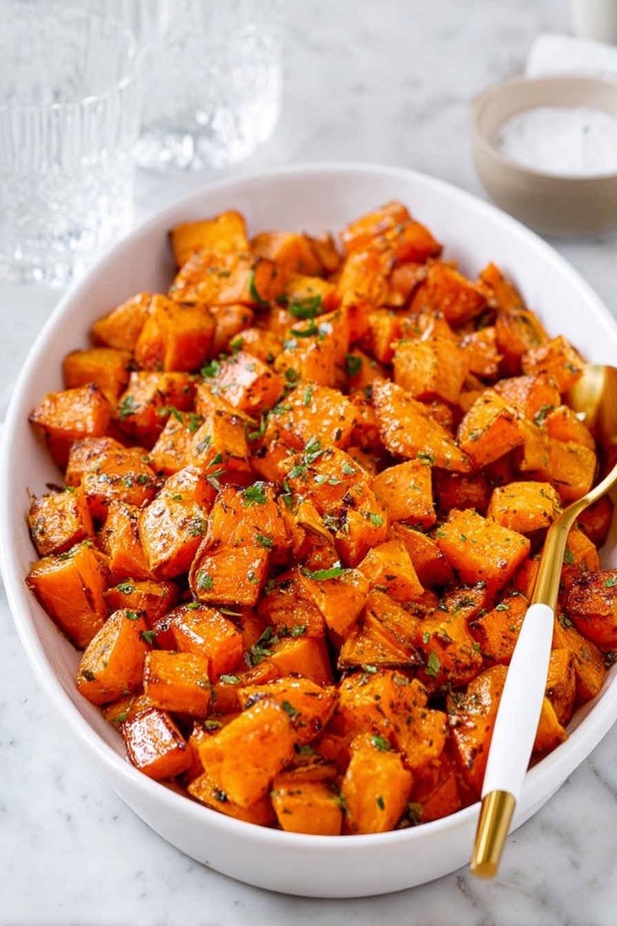 This image shows a white oval dish filled with roasted sweet potato cubes that are golden orange with some edges slightly browned, giving a crispy look. The cubes are sprinkled with small bits of green herb which add a fresh contrast to the orange. Inside the dish, on the right side, there is a golden spoon with a white handle resting among the sweet potatoes. The background is a white marbled surface with a clear glass and a small white bowl partially visible behind the main dish. The light is soft, highlighting the texture and color of the sweet potatoes clearly. photo taken with an iphone --ar 2:3 --v 7 - Maple Roasted Sweet Potatoes, roasted sweet potato side dish, caramelized sweet potatoes, easy sweet potato recipes, holiday vegetable side