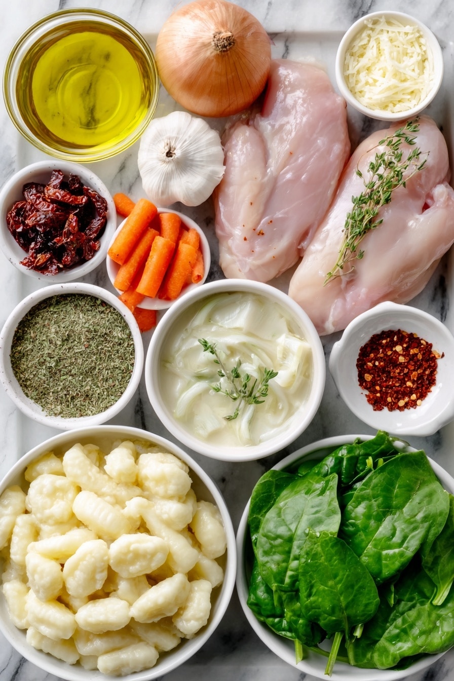Flat lay of extra virgin olive oil in a small white bowl, one whole yellow onion, a pile of chopped fresh carrots, a few celery stalks chopped, two tablespoons of salted butter on a white ceramic plate, a precise mound of all-purpose flour in a small white bowl, two whole uncracked chicken breasts, several garlic cloves unpeeled, a small white bowl filled with mixed dried Italian seasoning herbs, a small white bowl with bright red paprika powder, fresh thyme sprigs, a pinch of red chili flakes on a white plate, coarse kosher salt and black peppercorns side by side on a white ceramic dish, a small white bowl with clear vegetable broth, chopped deep red sun-dried tomatoes on a white plate, fresh vibrant baby spinach leaves, a small white bowl of creamy coconut milk, grated parmesan cheese heaped on a white plate, and a pile of soft fresh potato gnocchi, arranged with perfect symmetry and balanced proportions, placed on a clean white marble surface, soft natural light, photo taken with an iPhone, professional food photography style, fresh ingredients, white ceramic bowls, no bottles, no duplicates, no utensils, no packaging --ar 2:3 --v 7 --p m7354615311229779997 - Creamy Gnocchi Chicken Soup, comforting chicken gnocchi soup, easy creamy chicken soup, hearty gnocchi soup recipe, cozy chicken soup with gnocchi