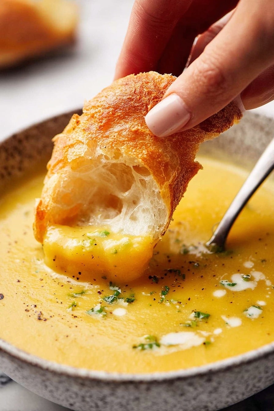 A close-up view shows a woman's hand dipping a torn piece of soft, crusty bread with a light golden-brown outer layer and a fluffy white inside into a creamy, smooth yellow soup with tiny green herb bits and a slight sprinkle of black pepper on top, all inside a speckled bowl sitting on a white marbled surface, with a silver spoon resting inside the bowl photo taken with an iphone --ar 2:3 --v 7 - Root Vegetable Soup with Curry and Cream, comforting vegetable soup, easy curry vegetable soup, healthy root vegetable recipes, cozy fall soups