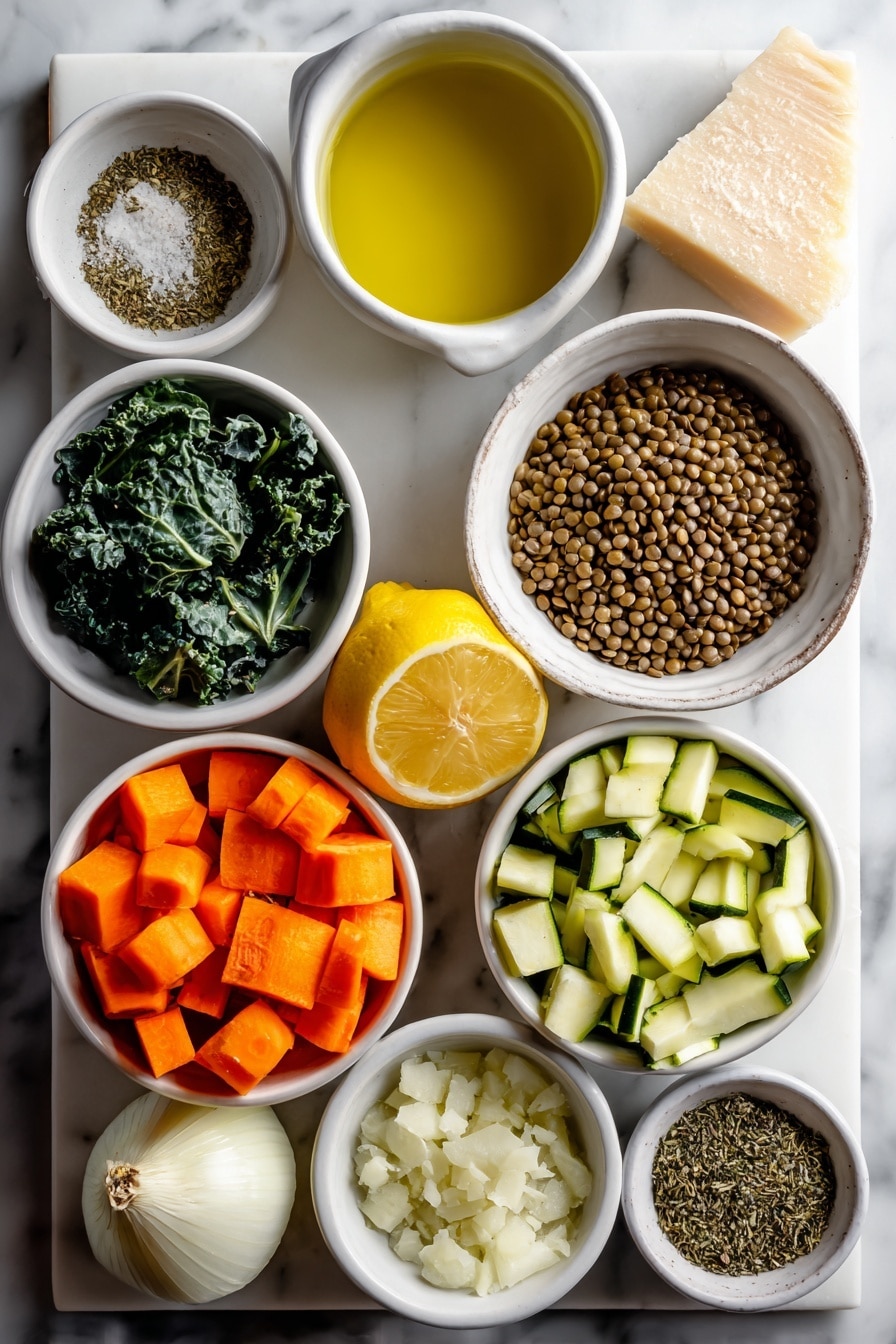 Flat lay of fresh whole uncracked brown eggs, a small white bowl of golden olive oil, a small white bowl of minced raw garlic cloves, fresh diced bright orange carrots, fresh diced pale yellow onions, a small white bowl of dried brown lentils, fresh diced green zucchini, a small white bowl of fresh lemon juice, fresh dark green packed chopped kale leaves, whole Parmesan cheese wedge with a small white dish of grated Parmesan, a small white bowl of mixed dried Italian herbs including basil, oregano, and thyme, all arranged with perfect symmetry on a clean white ceramic plate and bowls, placed on a clean white marble surface, soft natural light, photo taken with an iPhone, professional food photography style, fresh ingredients, white ceramic bowls, no bottles, no duplicates, no utensils, no packaging --ar 2:3 --v 7 --p m7354615311229779997 - Italian Lentil Soup with Vegetables, healthy Italian lentil soup, easy vegetarian lentil soup, hearty vegetable lentil soup, comforting Italian soup recipes