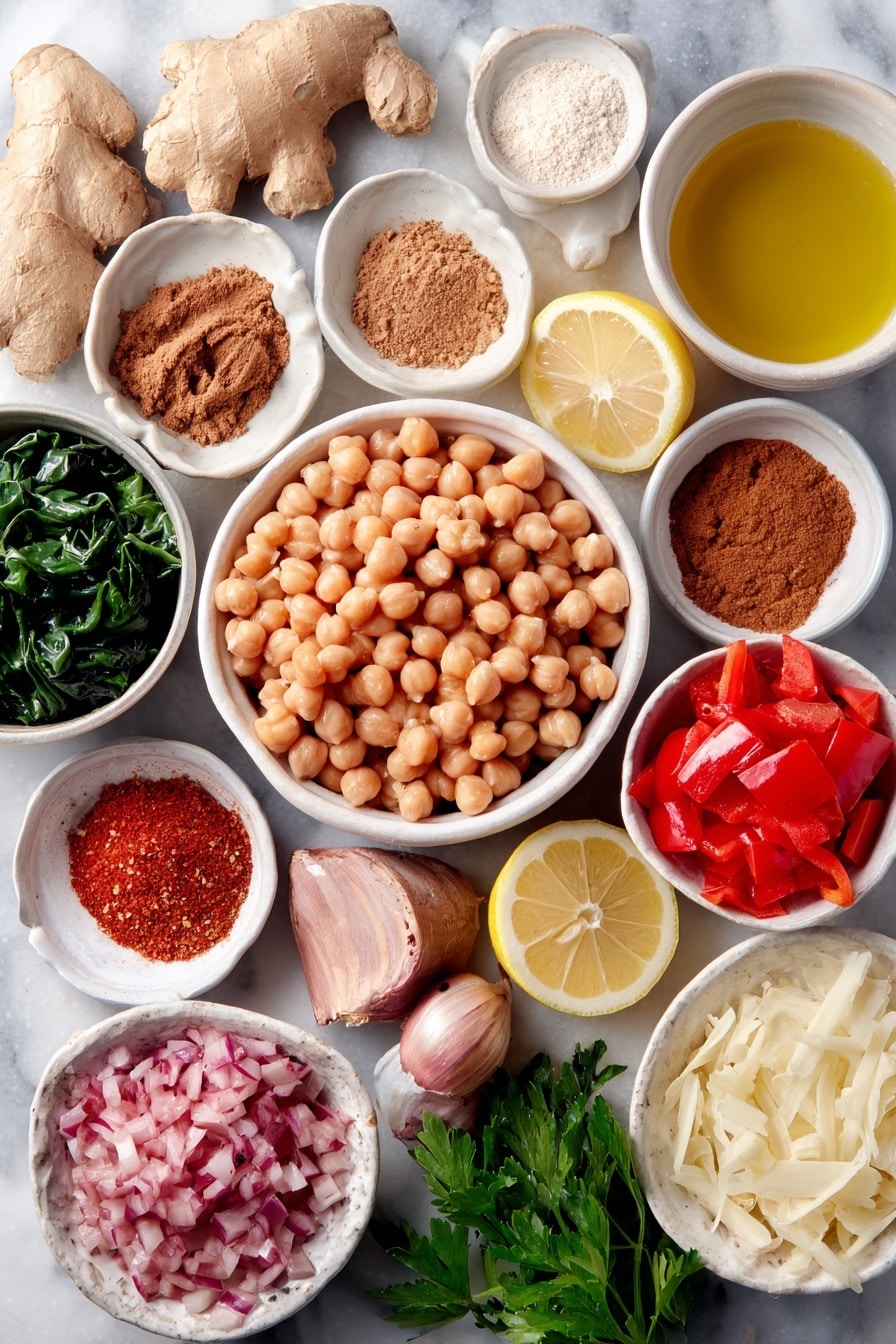 Flat lay of dried chickpeas in a small pile, a few cloves of whole fresh garlic, a piece of peeled ginger root finely shredded and laid out, one medium diced onion, two small sliced carrots, one medium diced red bell pepper, a small white bowl of ground cinnamon powder, a small white bowl of ground cumin powder, a small white bowl of smoked paprika powder, a small white bowl of ground turmeric, a small white bowl of red chili flakes, a small white bowl of olive oil, a small white bowl filled with vegetable broth, a small white bowl of water, a small white bowl of diced fresh tomatoes with liquid, one whole lemon cut in half, a small pile of tightly packed chopped dark leafy greens, a small white bowl of plain plant-based milk, a small white bowl of all-purpose flour, a small white bowl of creamy tahini, a small bunch of fresh chopped parsley placed neatly, all arranged symmetrically in perfect proportions on simple white ceramic bowls and plates, placed on a clean white marble surface, soft natural light, photo taken with an iPhone, professional food photography style, fresh ingredients, white ceramic bowls, no bottles, no duplicates, no utensils, no packaging --ar 2:3 --v 7 --p m7354615311229779997 - Hearty Chickpea Stew with Spices, chickpea stew recipe, comforting vegetarian stew, healthy chickpea and spice stew, flavorful plant-based stew
