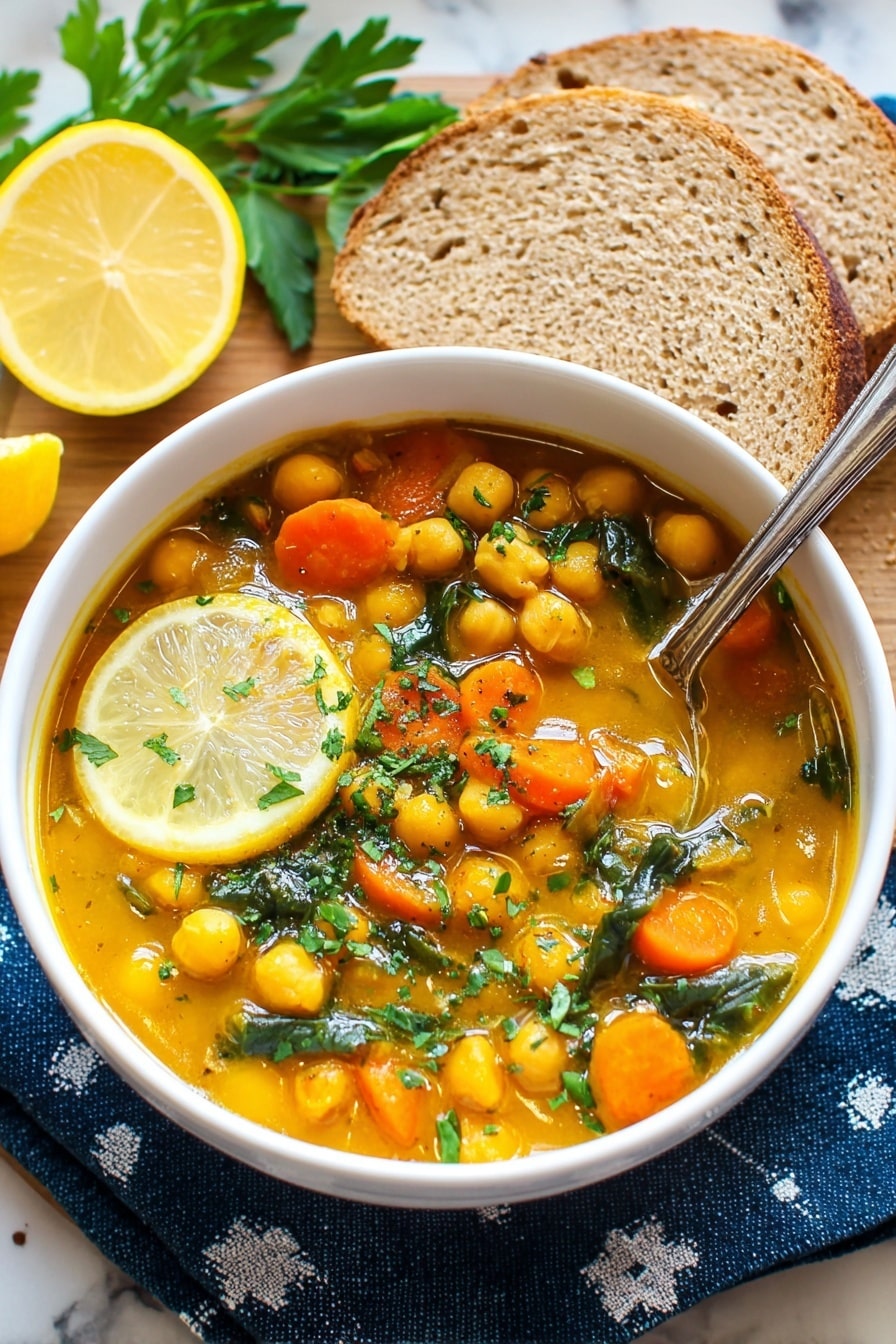 A white bowl filled with a thick stew showing three layers: a base of light brown broth, a middle layer of yellow chickpeas and orange carrot slices, and a top layer of dark green leafy vegetables, garnished with chopped herbs and a half lemon placed on the edge. The bowl sits on a dark cloth with white patterns, beside a brown pot filled with the same stew, containing a wooden spoon. Some fresh green herbs and slices of brown bread on a white marbled surface can be seen around the bowl. photo taken with an iphone --ar 2:3 --v 7 - Hearty Chickpea Stew with Spices, chickpea stew recipe, comforting vegetarian stew, healthy chickpea and spice stew, flavorful plant-based stew