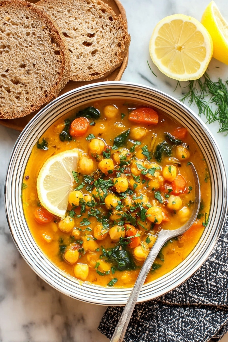 A white bowl filled with a thick chickpea stew showing orange-yellow broth with chunks of orange carrot slices and deep green leaves, all sprinkled with chopped green herbs on top. A bright yellow lemon half sits on the edge inside the bowl. A silver spoon rests inside the bowl, leaning on the side. Next to the bowl are two slices of brown bread with visible grains, placed on a dark blue cloth with white cross patterns. A lemon half and some green parsley are placed behind the bowl on a white marbled surface photo taken with an iphone --ar 2:3 --v 7 - Hearty Chickpea Stew with Spices, chickpea stew recipe, comforting vegetarian stew, healthy chickpea and spice stew, flavorful plant-based stew