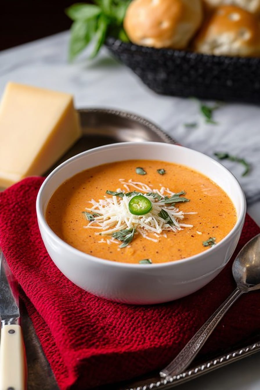 The image shows a large orange pot filled with creamy orange soup with small green bits floating on the surface. A wooden spoon rests inside the pot, with its handle leaning on the pot's edge. Next to the pot, fresh green basil leaves are placed on a white marbled surface. The rim of the pot and some soup splashes reveal the creamy texture. photo taken with an iphone --ar 2:3 --v 7 - Creamy Tomato Basil Soup, tomato basil soup recipe, easy creamy tomato soup, homemade tomato soup with basil, comforting soup recipes