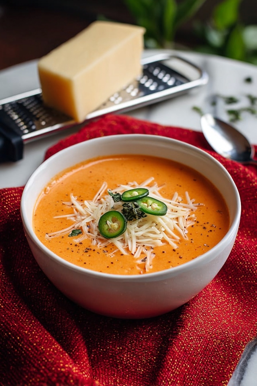 The image shows a white bowl filled with orange cream soup, topped with white shredded cheese and thin green slices of jalapeño pepper with some torn green herb leaves in the center. The bowl sits on a textured red cloth over a white marbled surface. To the left, there is a black-handled grater leaning on the cloth next to a wedge of light yellow cheese. In the background, the setting is a bit dark with some green leaves barely visible. photo taken with an iphone --ar 2:3 --v 7 - Creamy Tomato Basil Soup, tomato basil soup recipe, easy creamy tomato soup, homemade tomato soup with basil, comforting soup recipes