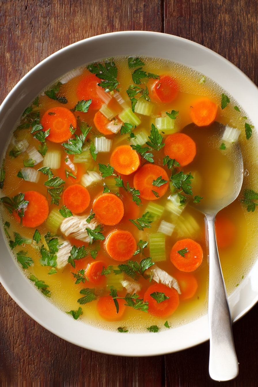 The image shows a top view of a white bowl filled with clear vegetable soup. The soup contains visible layers including bright orange carrot slices near the center, light green celery pieces, small white onion chunks, and bits of fresh green herbs scattered throughout. The broth is light yellow with some small bubbles and a slightly oily surface that reflects light. The bowl rests on a white marbled surface with the edge of a woman's hand holding the bowl visible at the bottom left. Photo taken with an iphone --ar 2:3 --v 7 - Mom's Cold-Season Chicken Soup, comforting chicken soup, homemade chicken broth, easy chicken soup recipe, cold-weather soup